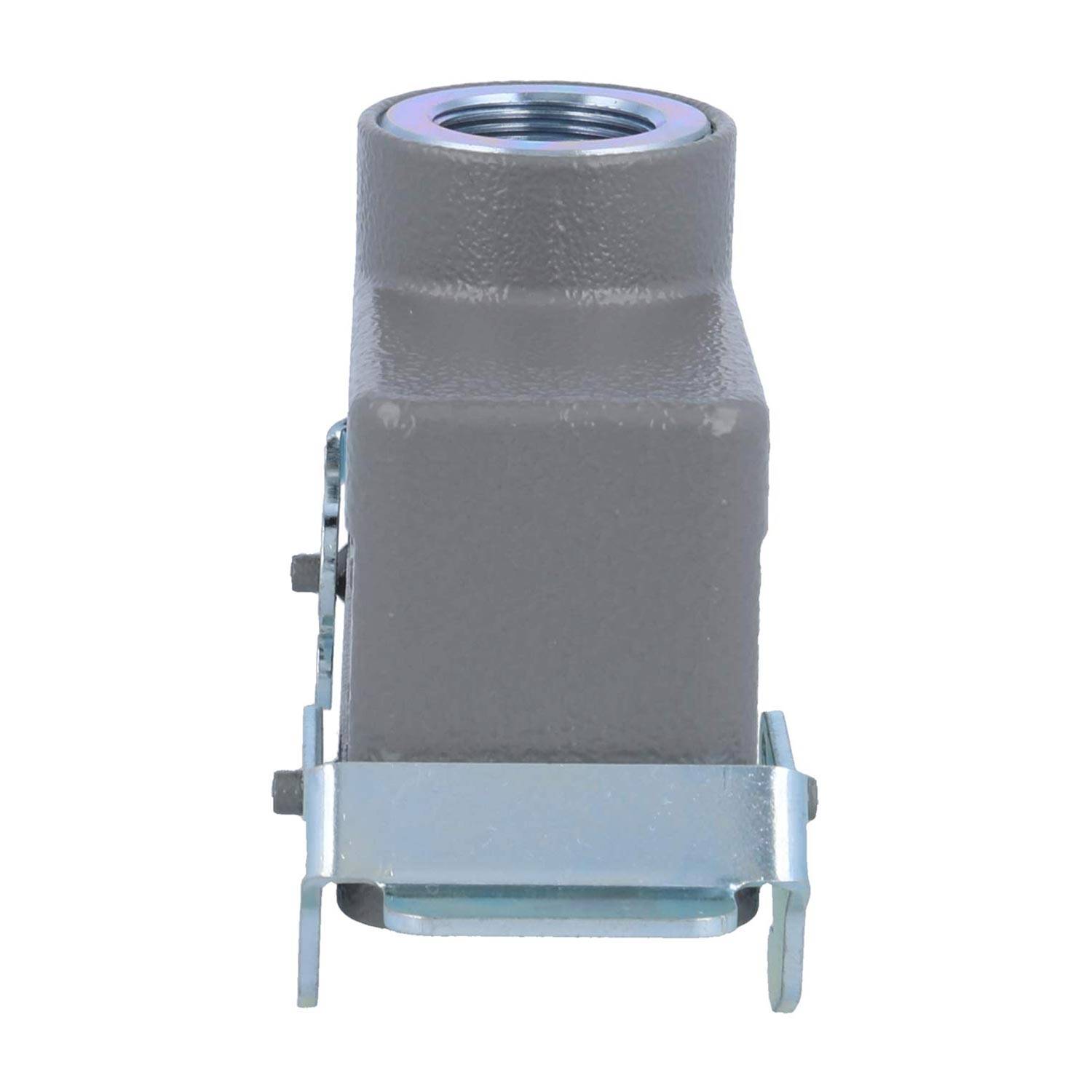 Eine graue metallische industrielle elektrische Verteilerdose mit einer Öffnung oben und einem Metallmontagehalter, der an der Basis befestigt ist.