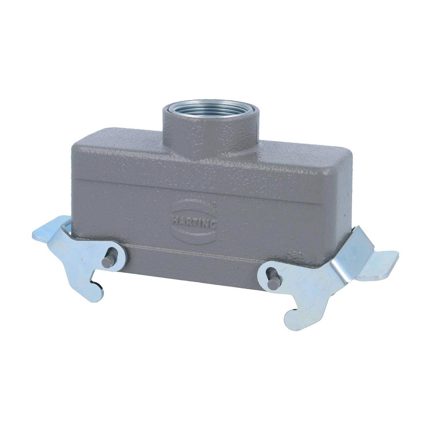 Graues industrielles Anschlussgehäuse mit einer verschraubten Oberseite und metallischen Seitenverriegelungen für eine sichere Befestigung.