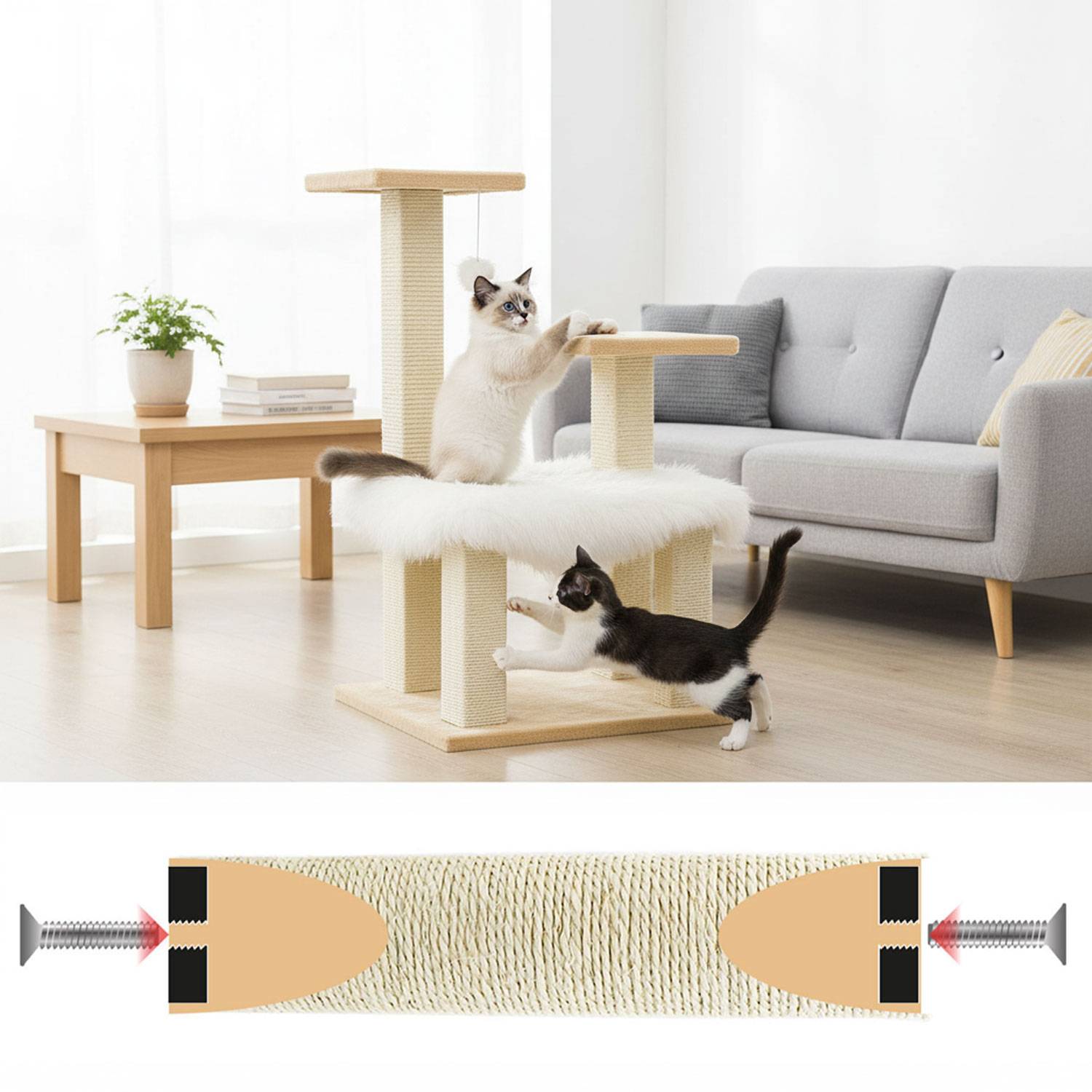 55 cm Sisalstamm für Kratzbaum - M8 Ersatzstamm Eckig - Sisalsäule Kratzstamm