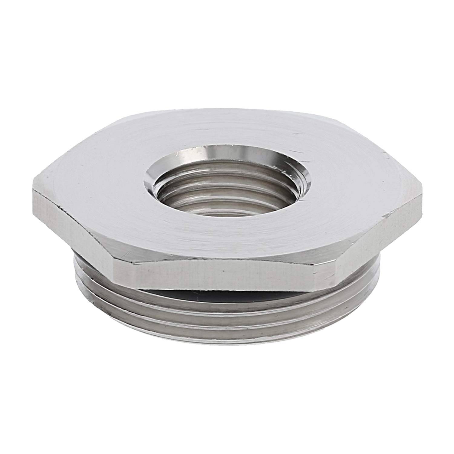 Ein sechseckiger Metall-Rohranschlussadapter mit Innen- und Außengewinde, konzipiert zum Verbinden von Rohren oder Schläuchen.