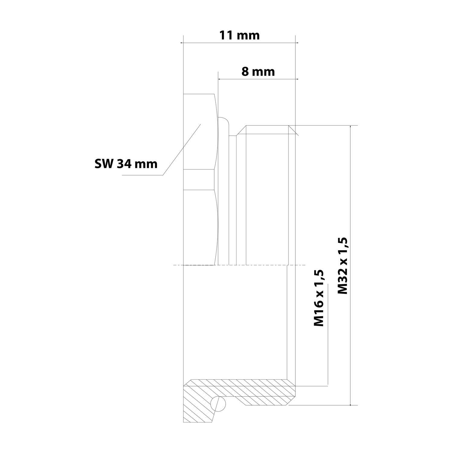 Technische Zeichnung mit Abmessungen eines zylindrischen Objekts mit einem Durchmesser von 34 mm und beschrifteten Teilen 'M16 x 1.5' und 'M32 x 1.5'.