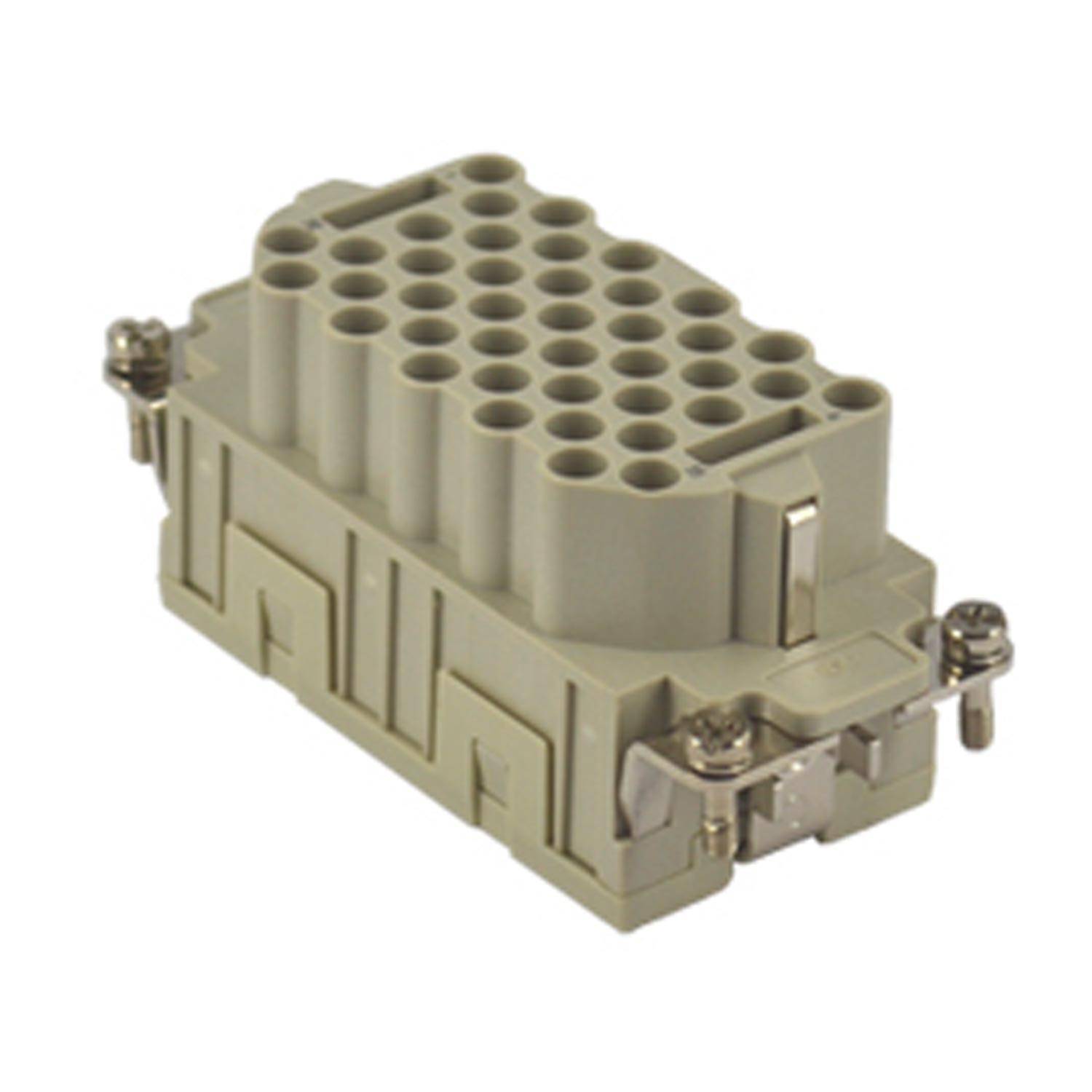 Ein rechteckiger, grauer Mehrpin-Elektrostecker mit zahlreichen kreisförmigen Anschlüssen in Reihen, versehen mit Metallklammern an der Seite.