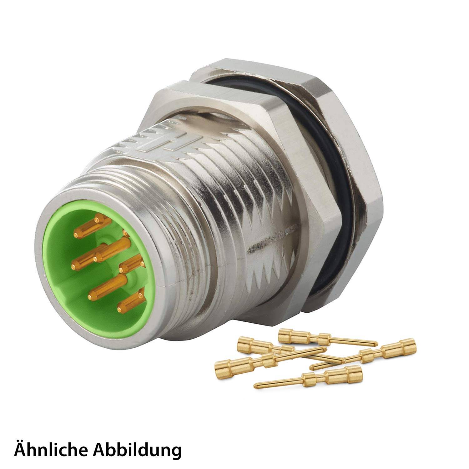 Ein Metall-Elektroverbinder mit einer sechseckigen Mutter und grünem Innenraum, ausgestattet mit mehreren kleinen Goldstiften. Text darunter liest: Ähnliche Abbildung.