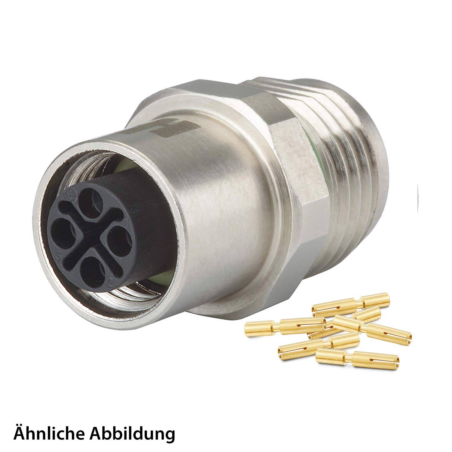 Ein Foto eines metallenen elektrischen Anschlusses mit einem hinteren Gewindeabschnitt und fünf Schlitzen. In der Nähe sind mehrere kleine Goldstäbchen ausgestellt.