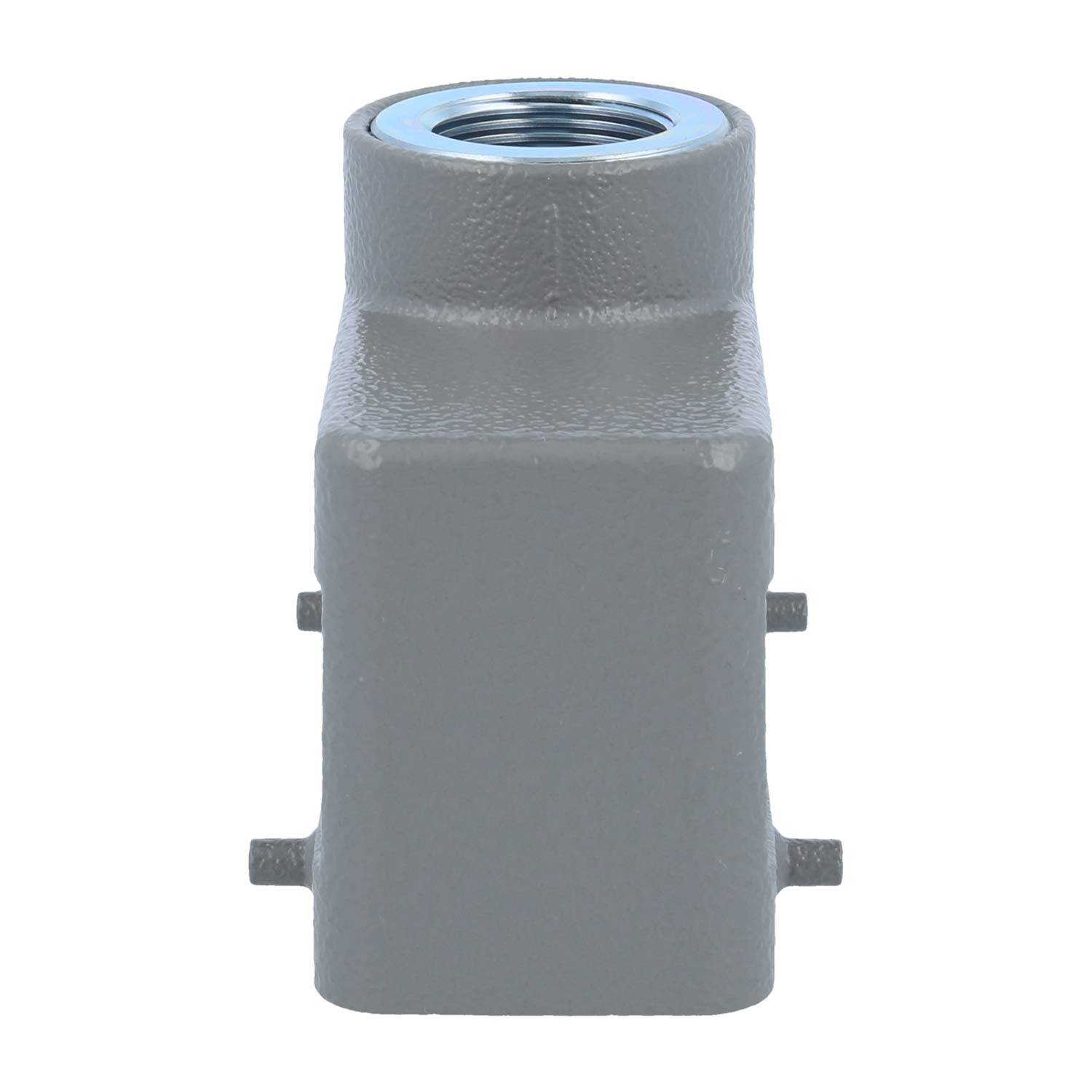 Ein grauer Metallquadratanschluss mit einem Gewindeloch an der Oberfläche, konzipiert für elektrische oder mechanische Anwendungen.