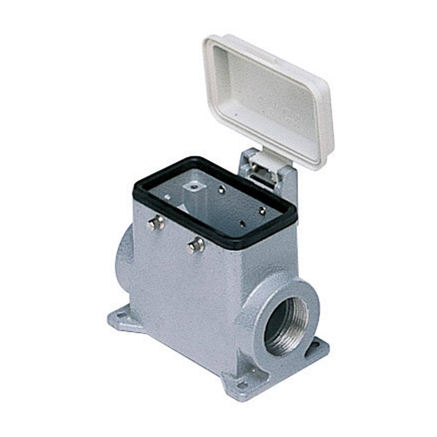 Elektrischer Verbindungsgehäuse mit offenem Deckel, der mehrere Eintrittspunkte für Kabel zeigt. Industrielles Design, metallic mit quadratischer Basis.