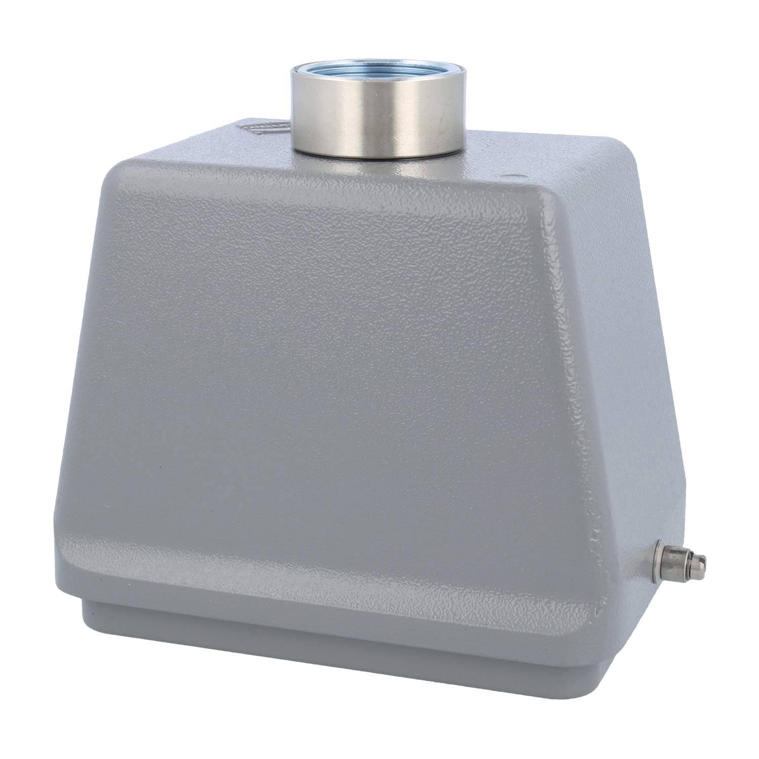 Ein quadratischer, grauer industrieller Ventilantrieb mit einer kreisförmigen Öffnung oben und einer kleinen Seitenschraube, der in mechanischen Systemen verwendet wird.