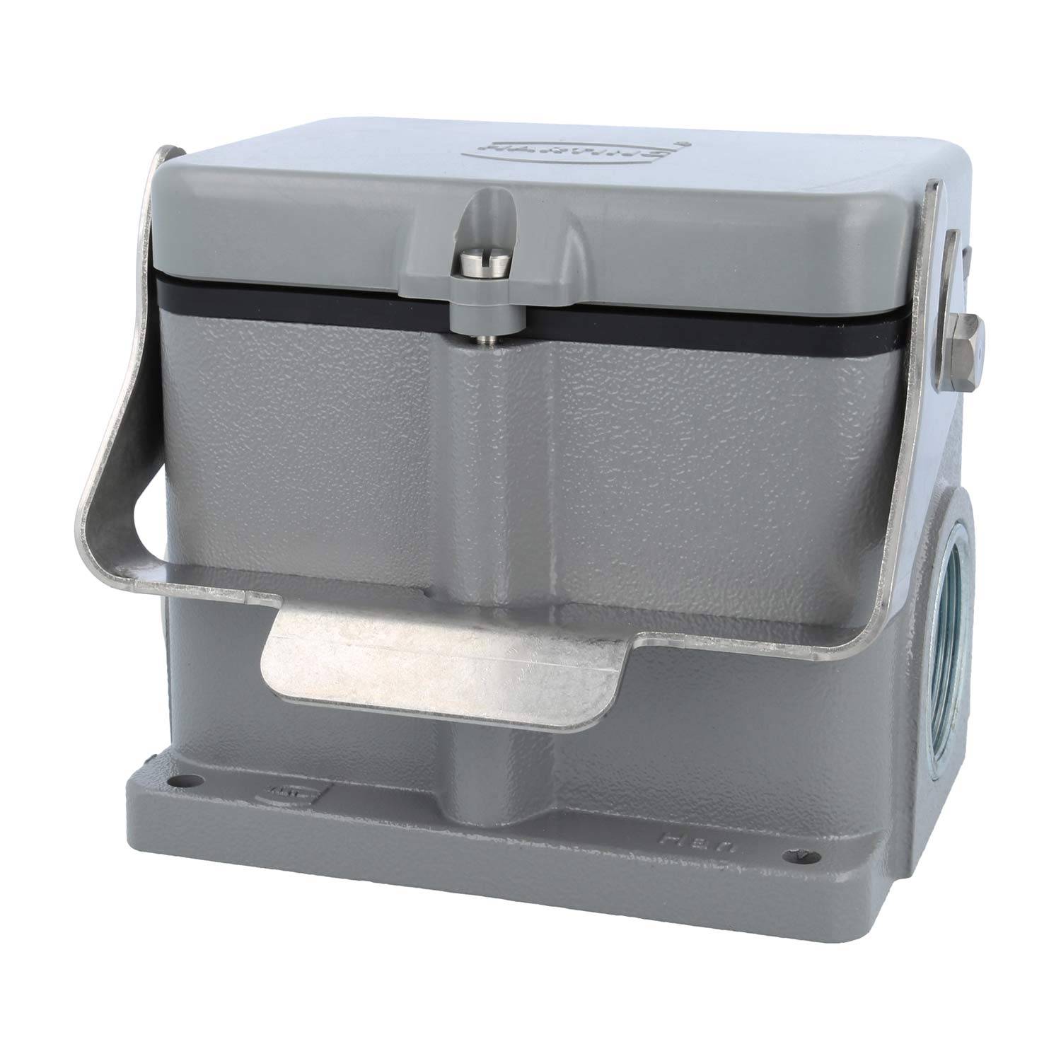 Ein grauer robuster industrieller Elektroverbinder mit einer sicheren Verriegelung, der für zuverlässige elektrische Verbindungen in Maschinen und Ausrüstungen verwendet wird.