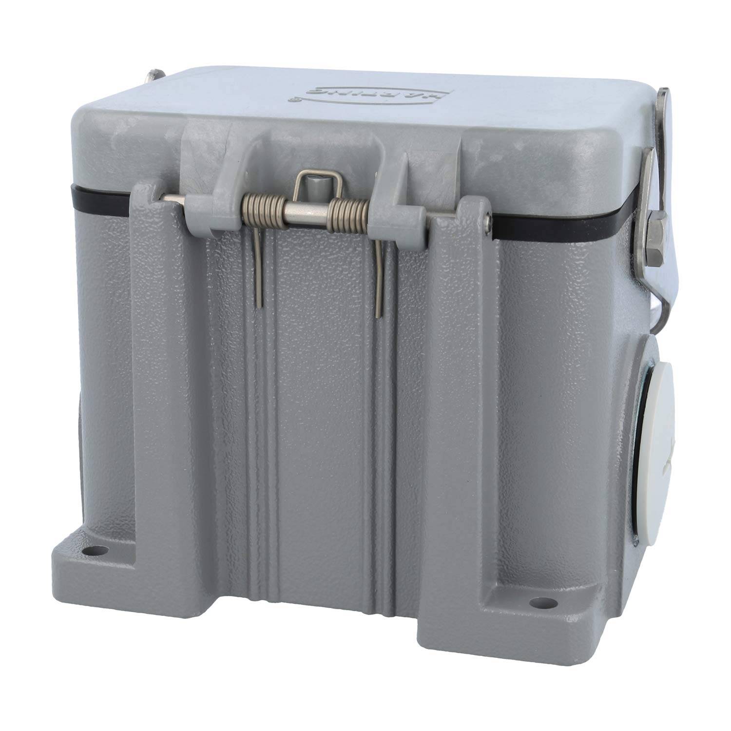 Ein grauer, harter Plastikkühlschrank mit Deckel und Schnappverschluss, der ein robustes Design zum Aufbewahren und Transportieren von verderblichen Lebensmitteln aufweist.