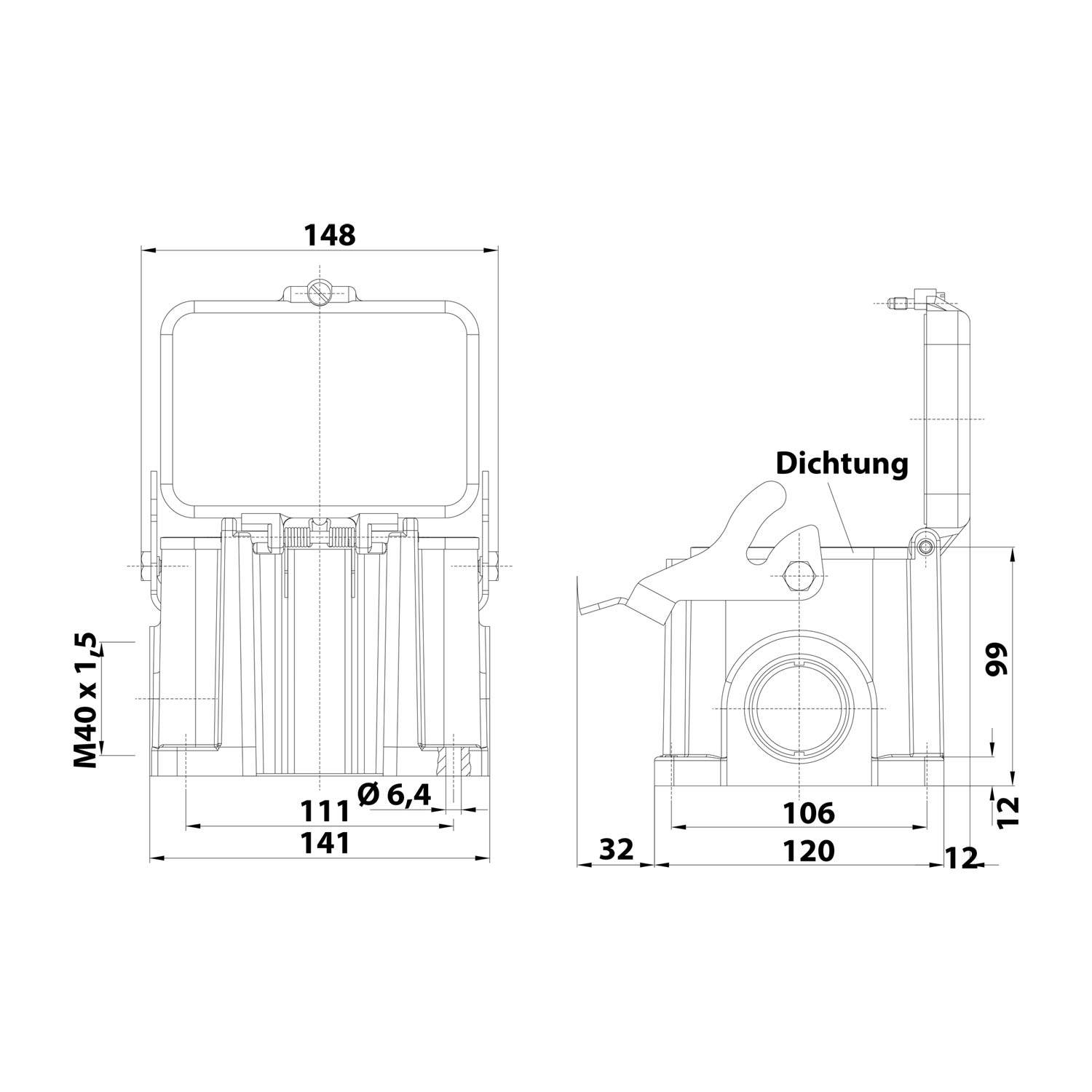 Technische Zeichnung einer mechanischen Komponente mit Maßangaben. Schlüsselmessungen: 148, 141, 120 mm. Beschriftetes Teil: Dichtung.