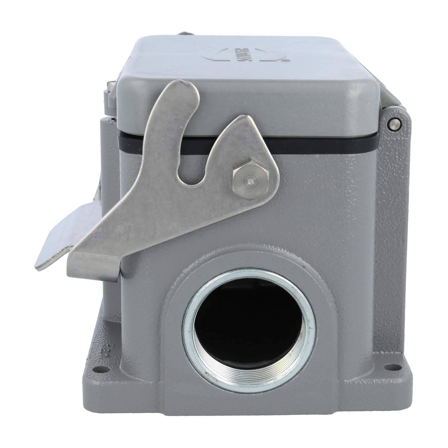 Ein graues, industrielles Metallgehäuse mit einem klappbaren, verriegelbaren Deckel und einem runden Eintrittspunkt für Kabel oder Anschlüsse.