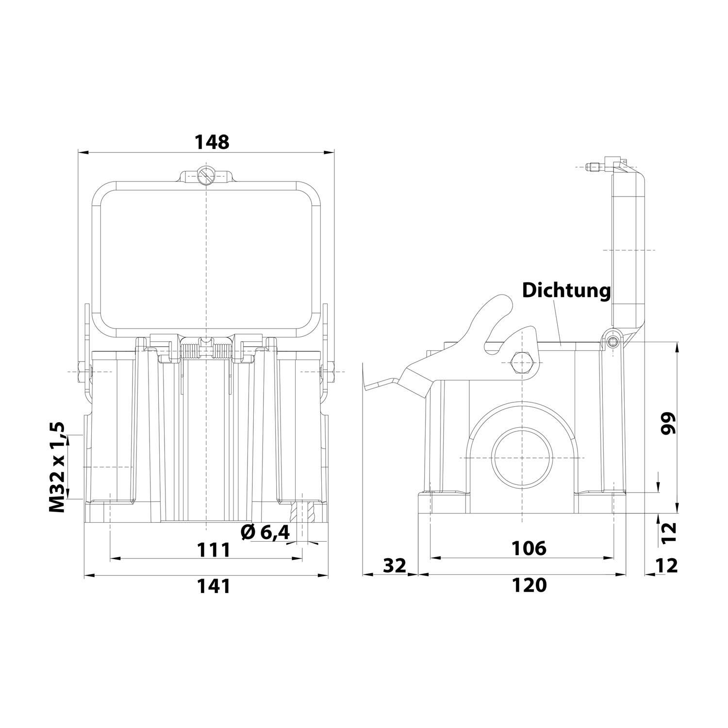 Technische Linienzeichnung eines mechanischen Bauteils mit Messungen in Millimetern und der Beschriftung 'Dichtung'. Vorder- und Seitenansicht sind dargestellt.