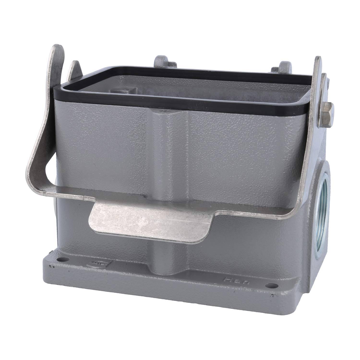 Rechteckiges Metallgehäuse für elektrische Verbinder mit Verriegelungen an beiden Seiten, verwendet zur Sicherung von Verbindungen in industriellen Umgebungen.