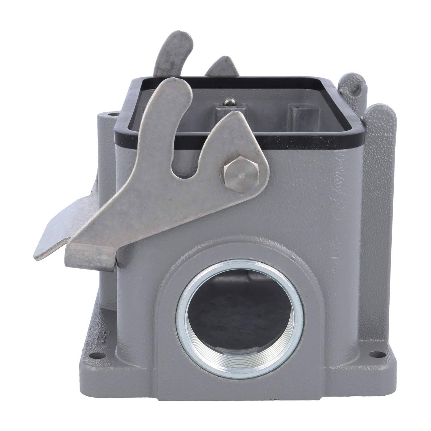 Ein graues industrielles Metallverbindungsgehäuse mit einer kreisförmigen Öffnung an der Vorderseite und einem Hebelverriegelungsmechanismus auf der Oberseite, verwendet für elektrische Verbindungen.