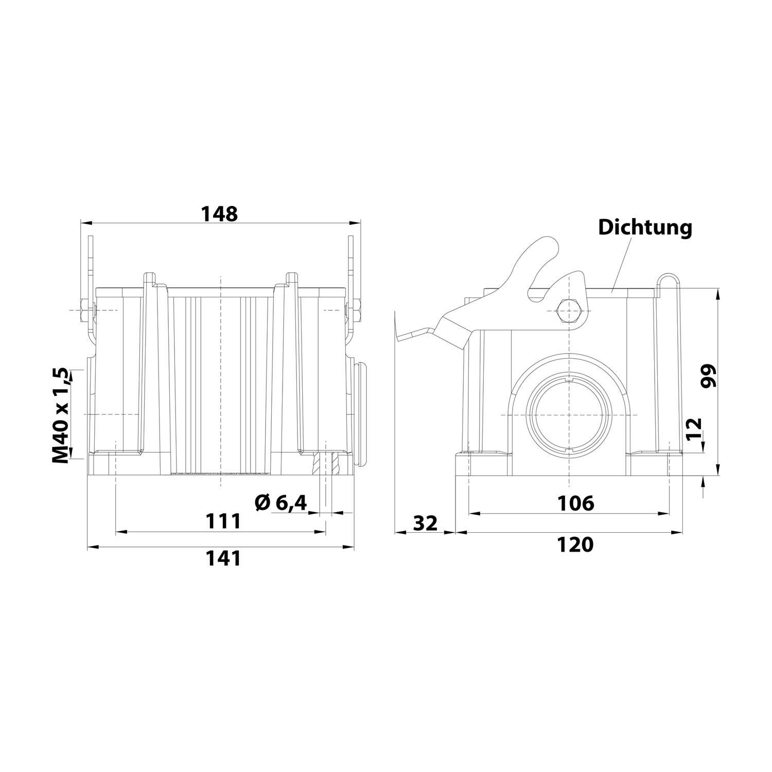 05300480266 HARTING Han 48B Sockelgehäuse hoch, 1xM40 seitlicher Kabelabgang, mit 1 Längsbügel Verschraubung M40