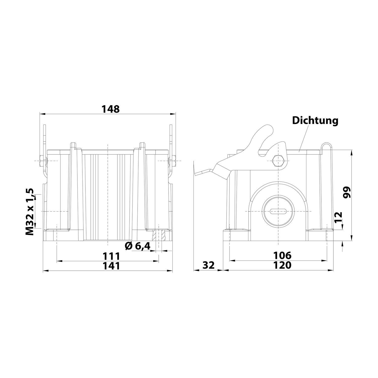 Technische Zeichnung einer Dichtung, mit dem Titel 'Dichtung', mit den Abmessungen 148x120 mm und hervorgehobenen Schlüsselmessungen.