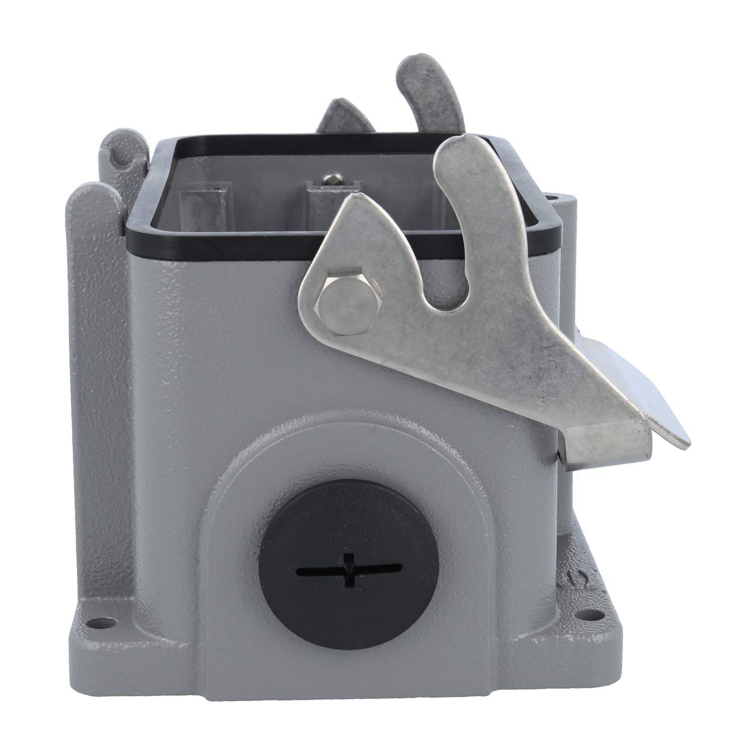 Metallisch grauer scharnierähnlicher Mechanismus mit einem Hebel, montiert auf einer rechteckigen Basis, möglicherweise für industrielle oder mechanische Zwecke.