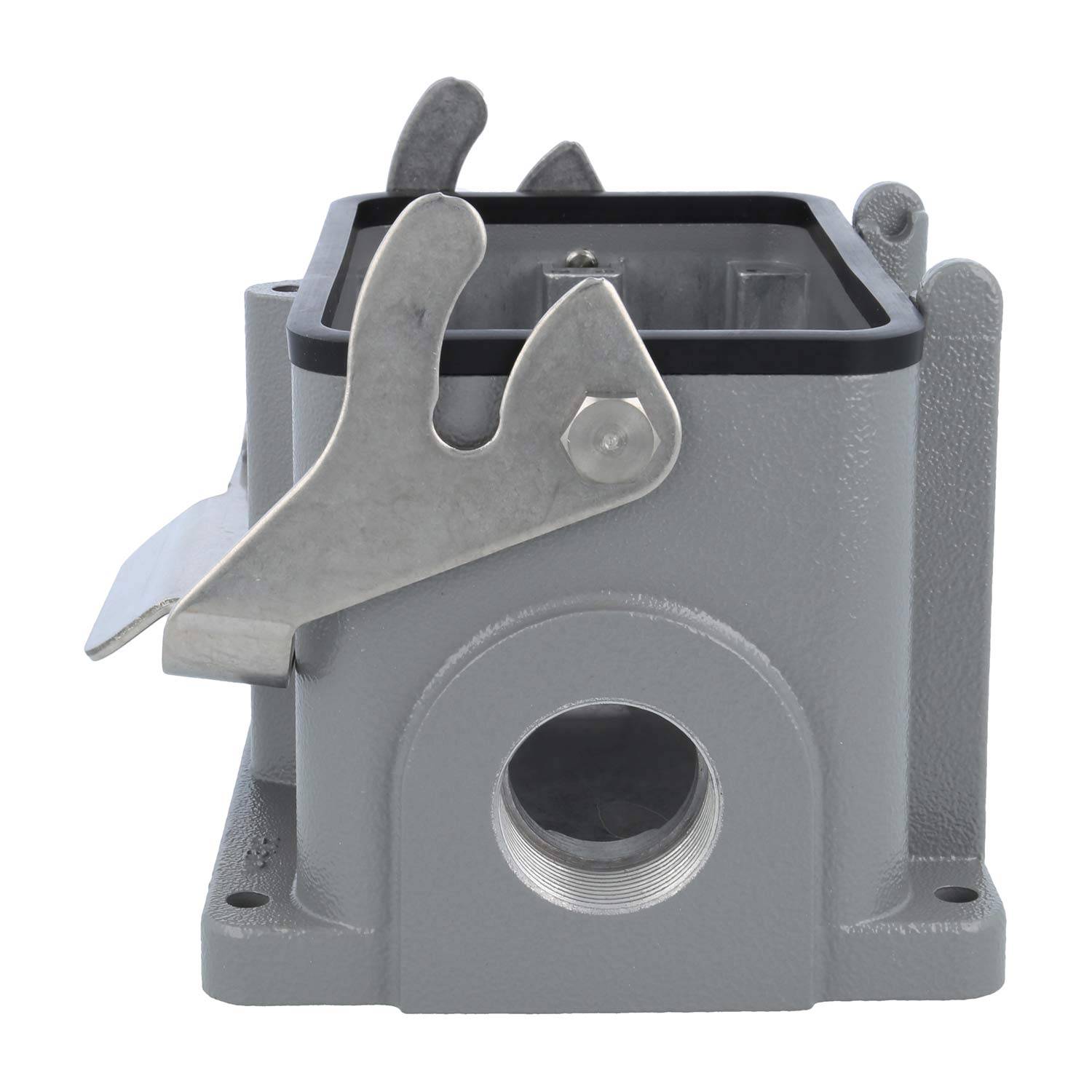 Ein graues industrielles Metallgehäuse mit einem hervorstehenden Hebel und einer kreisförmigen Öffnung, verwendet für elektrische oder mechanische Verbindungen.