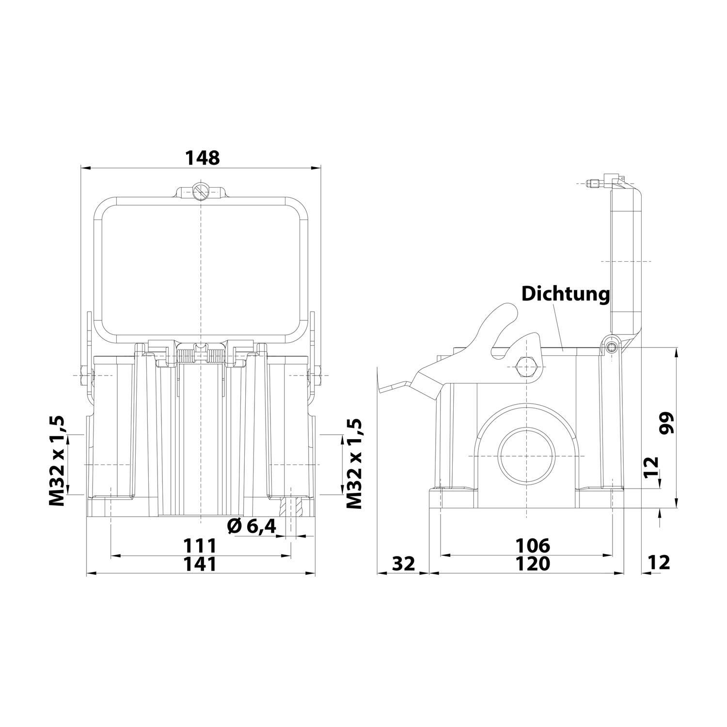 Technische Zeichnung mit Abmessungen und Komponenten einer mechanischen Vorrichtung, einschließlich Beschriftungen für Maße und Teile wie „Dichtung".