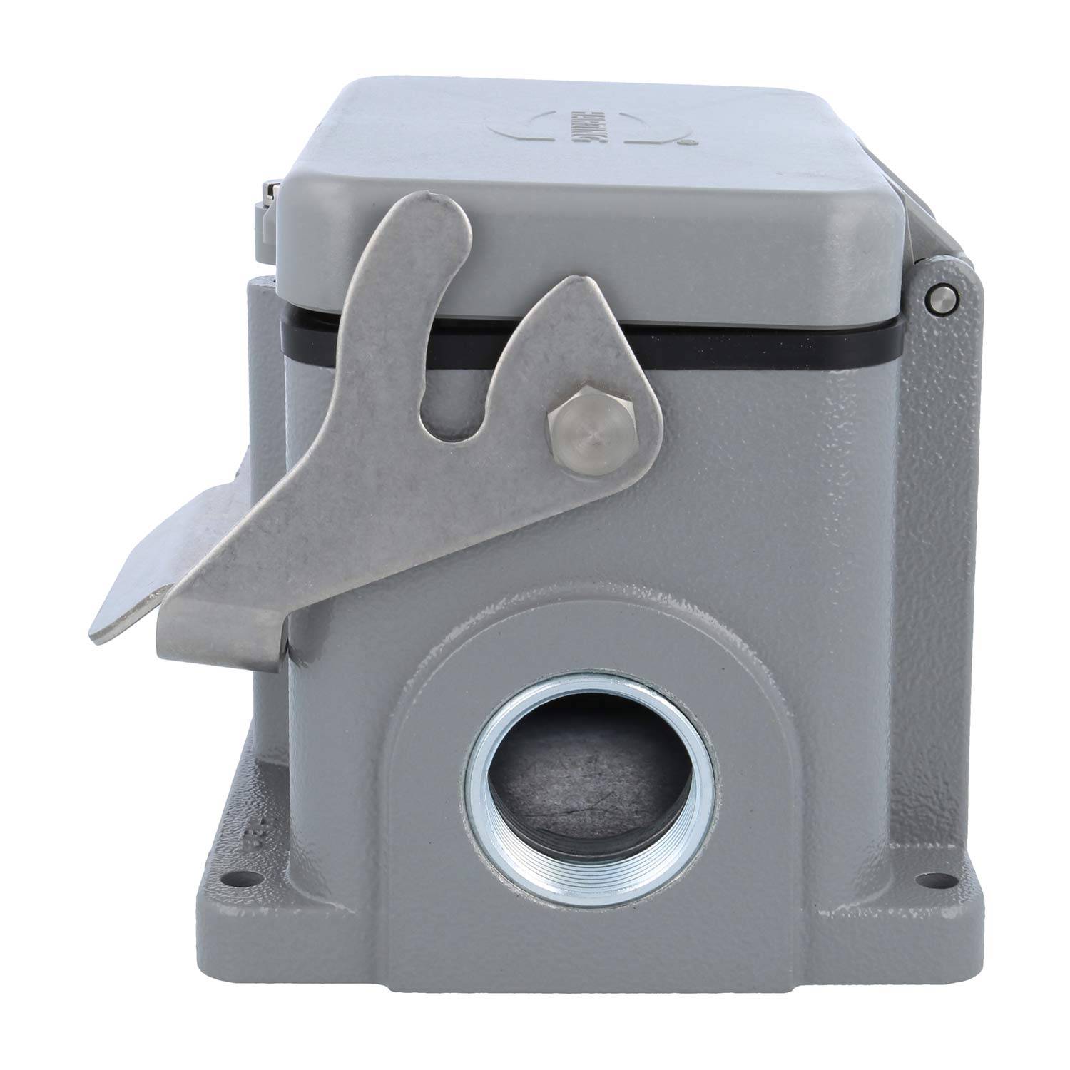 Eine graue Metall-Elektroverteilerdose mit einer kreisförmigen Öffnung und einem geschlossenen Verschluss oben, die zur sicheren Unterbringung von Elektroverbindungen dient.