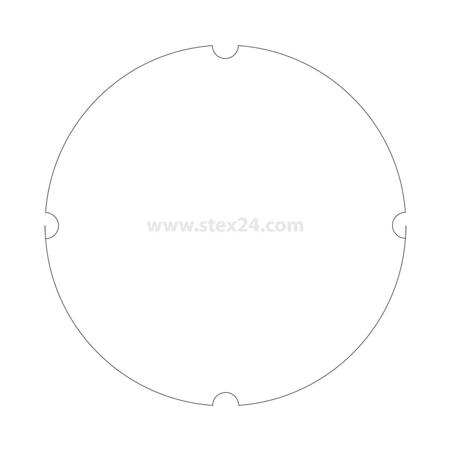 Ein rundes Puzzle-Stück mit vier gleichmäßig um den Rand verteilten Einbuchtungen. Zentraler Text: 'www.stex24.com'.