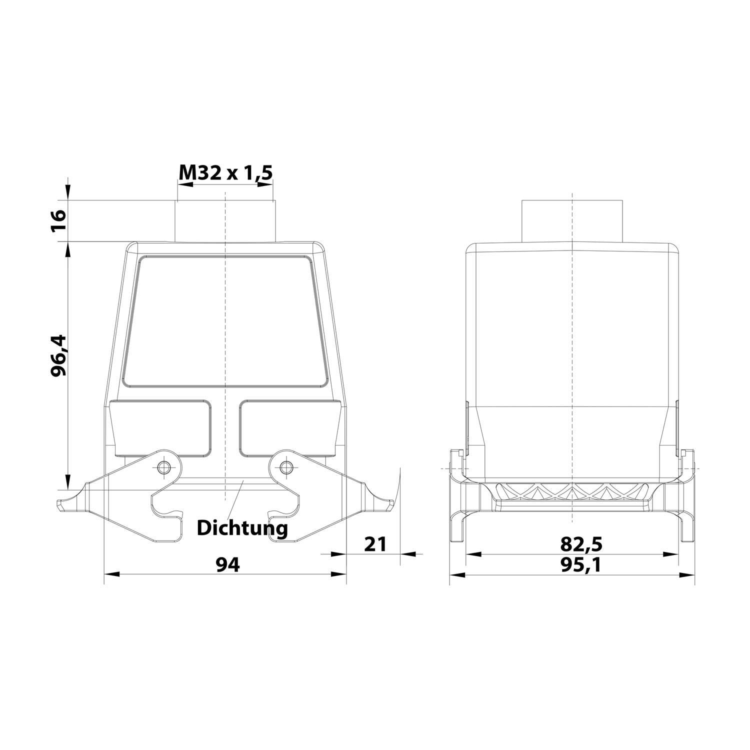 05300320761 HARTING Han 32B Kupplungsgehäuse hoch, 1xM32 gerader Kabelabgang, mit 2 Querbügeln Verschraubung M32