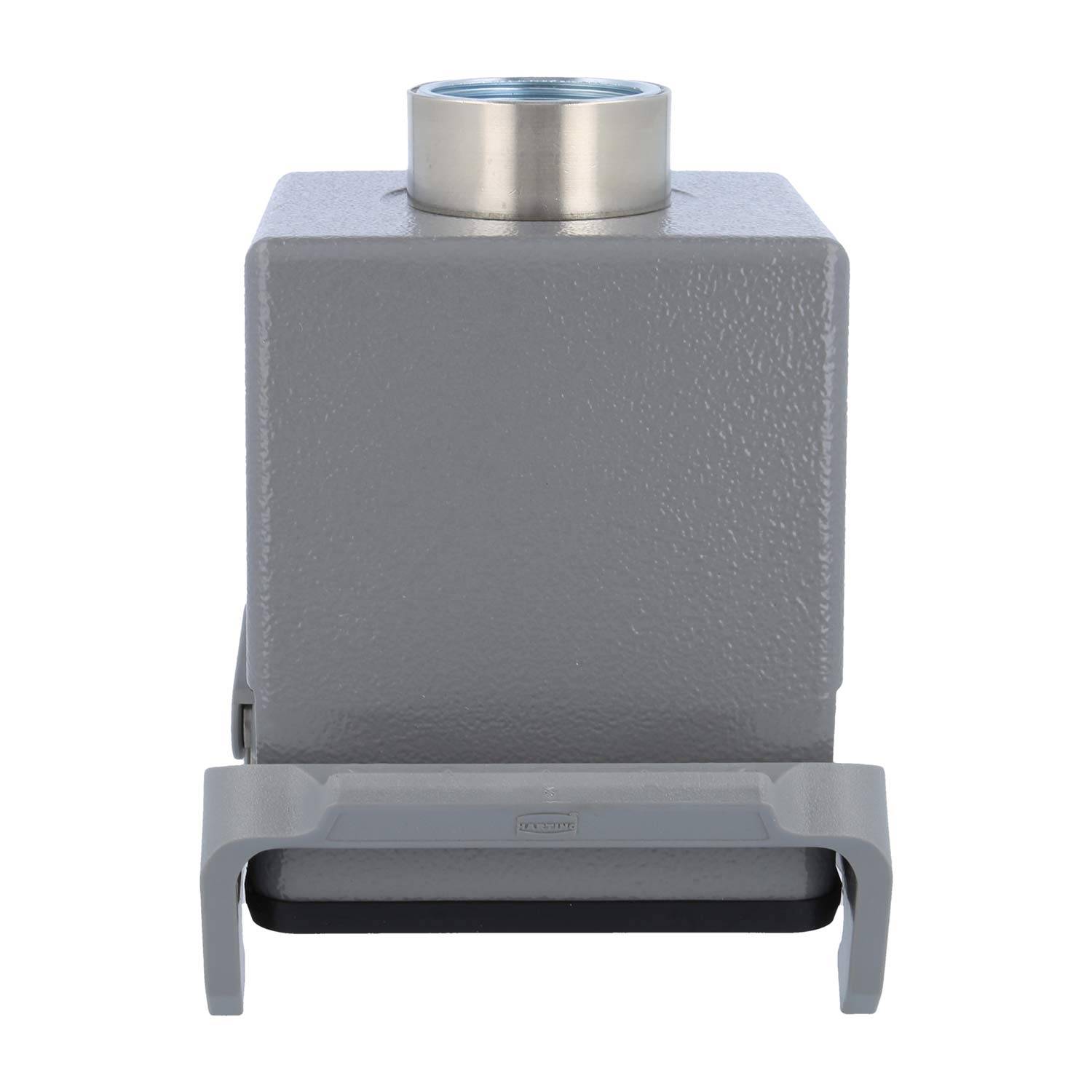 Ein grauer, rechteckiger industrieller Anschlussgehäuse mit einem runden Metalldeckel und einer Klemme an der Basis, konzipiert für elektrische Verbindungen.