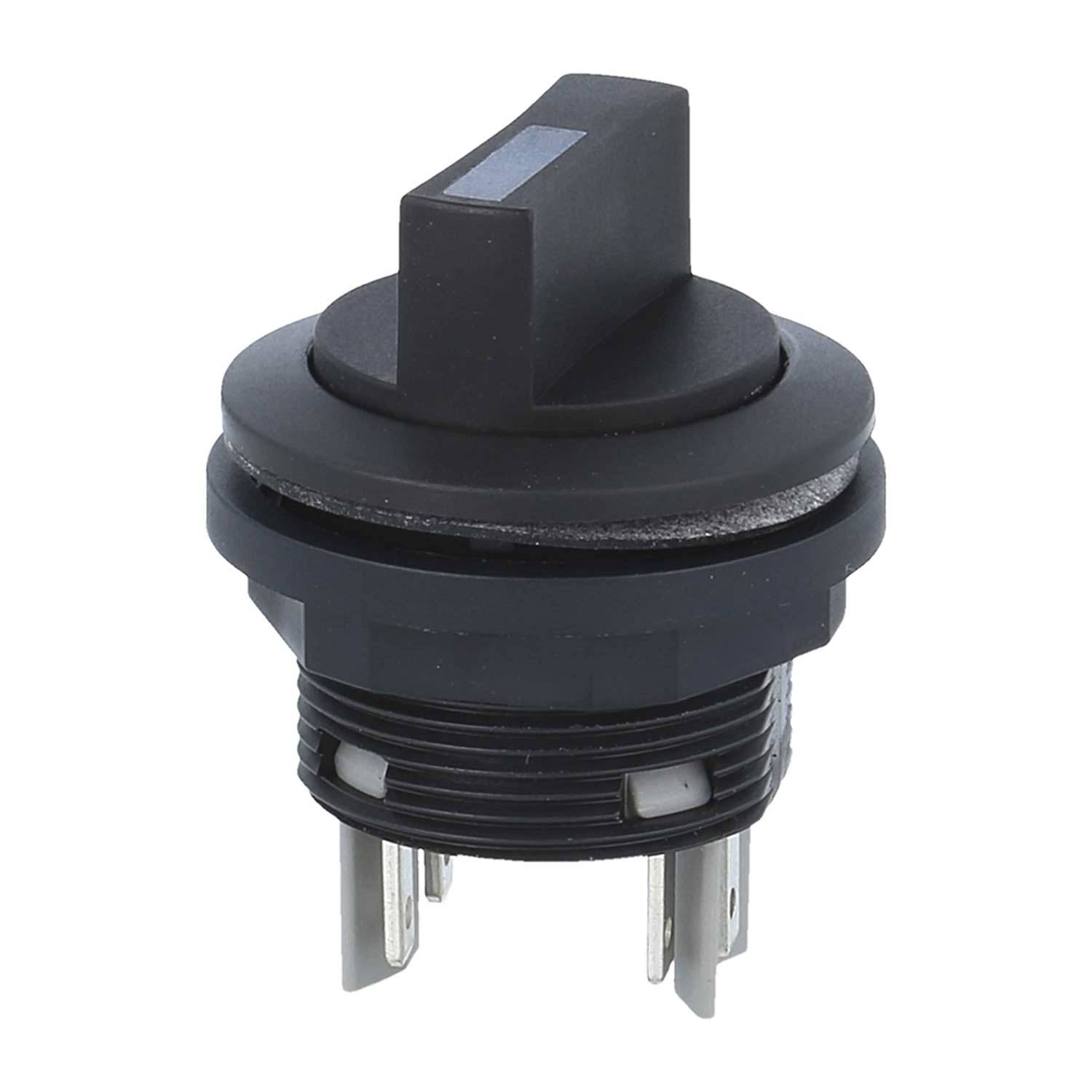 „Ein schwarzer Drehschalter mit drei Metallkontaktstiften, verwendet für elektronische oder industrielle Anwendungen.