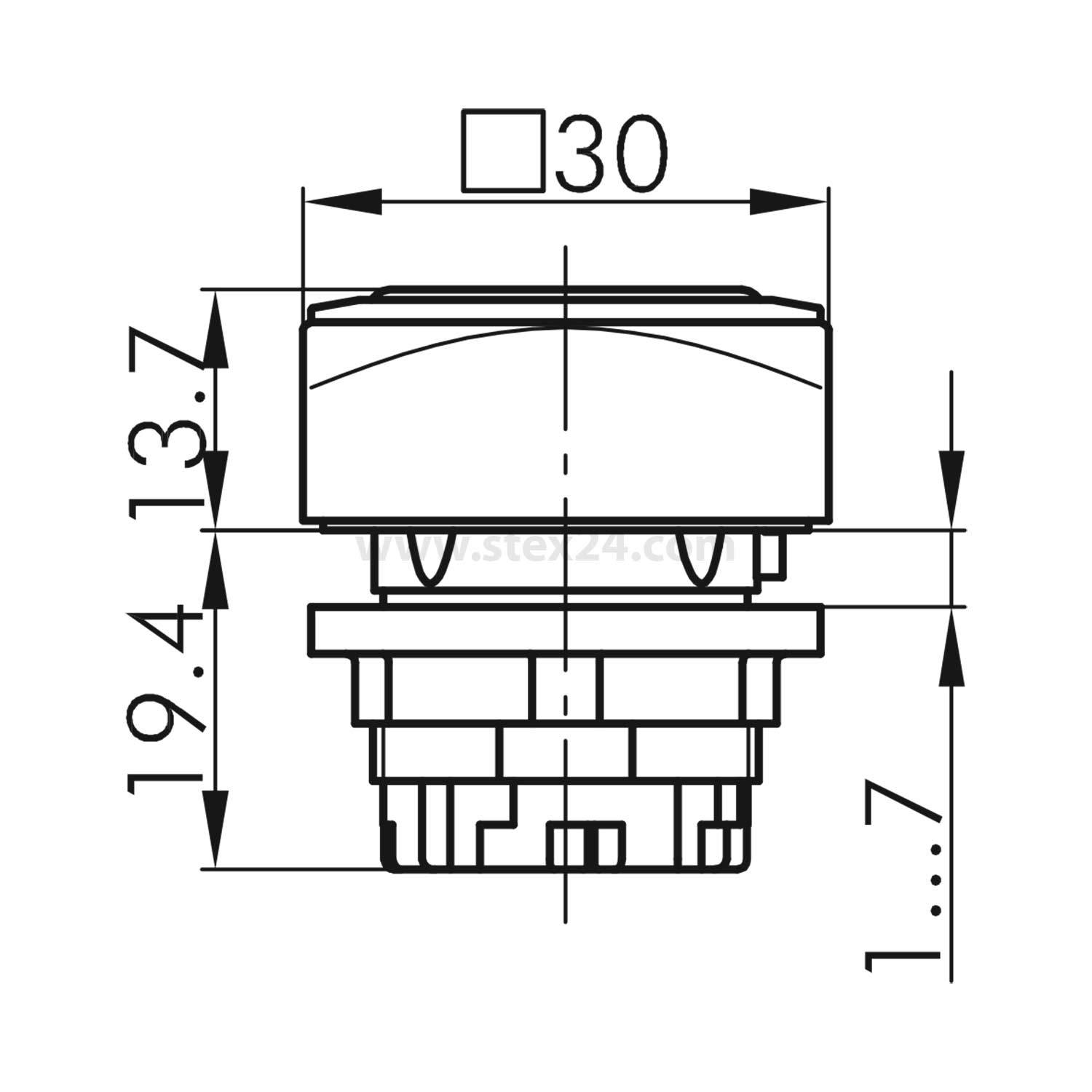 Diagramm einer Buttonkomponente mit Seitenabmessungen: Gesamthöhe 19,4 mm, oberer Durchmesser 30 mm und untere Höhe 13,7 mm.