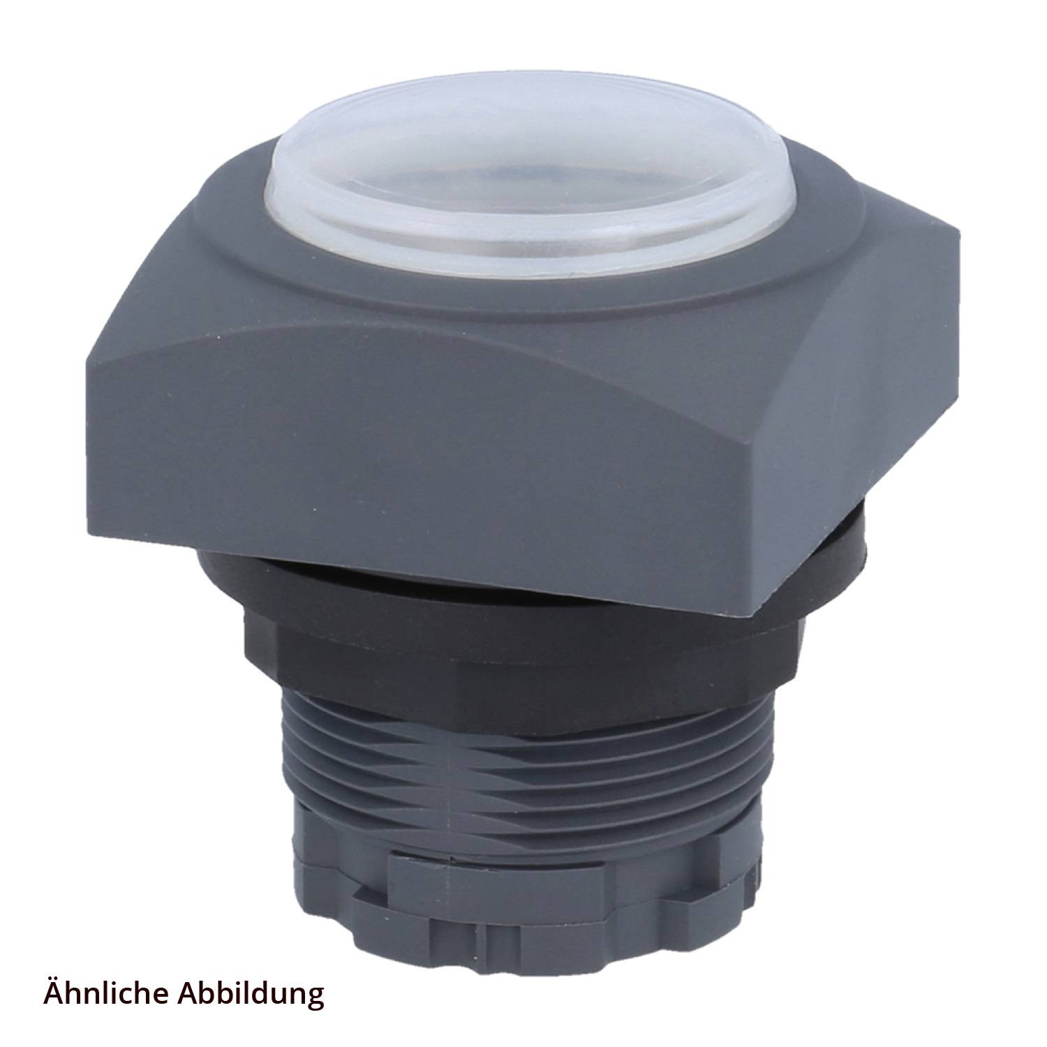 Industrielle Schalterkomponente mit einer kreisförmigen, transparenten Oberfläche auf einer quadratischen schwarzen Basis, beschriftet mit 'Ähnliche Abbildung.