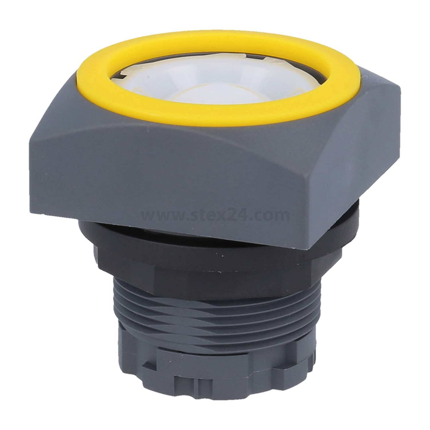 Ein grauer industrieller Knopf mit gelbem Rand, konzipiert für Maschinen oder Schalttafeln.