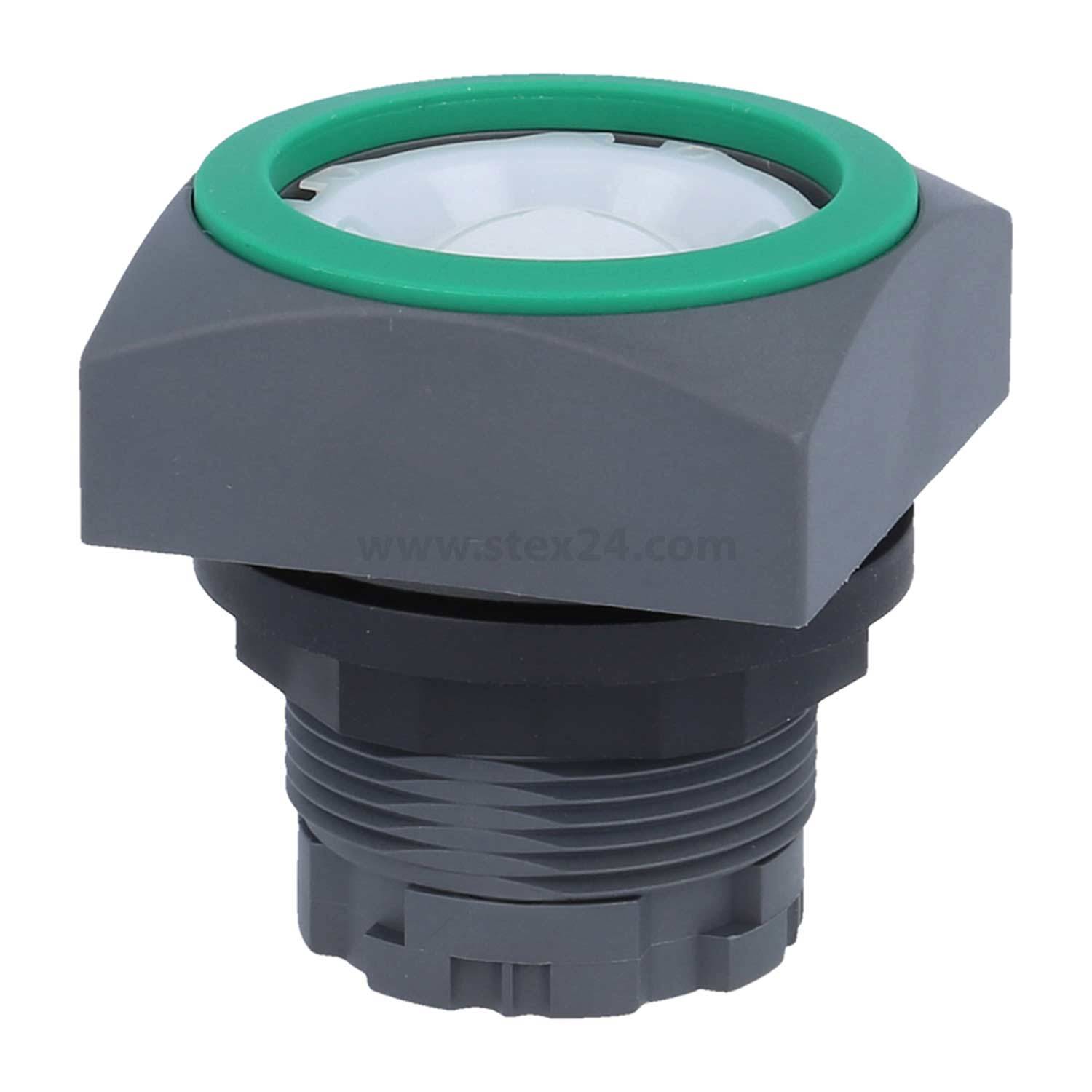 Eine kreisförmige, graue elektronische Komponente mit einem grünen Rand, die an der Unterseite einen Gewindeanschluss aufweist und für industrielle Anwendungen verwendet wird.