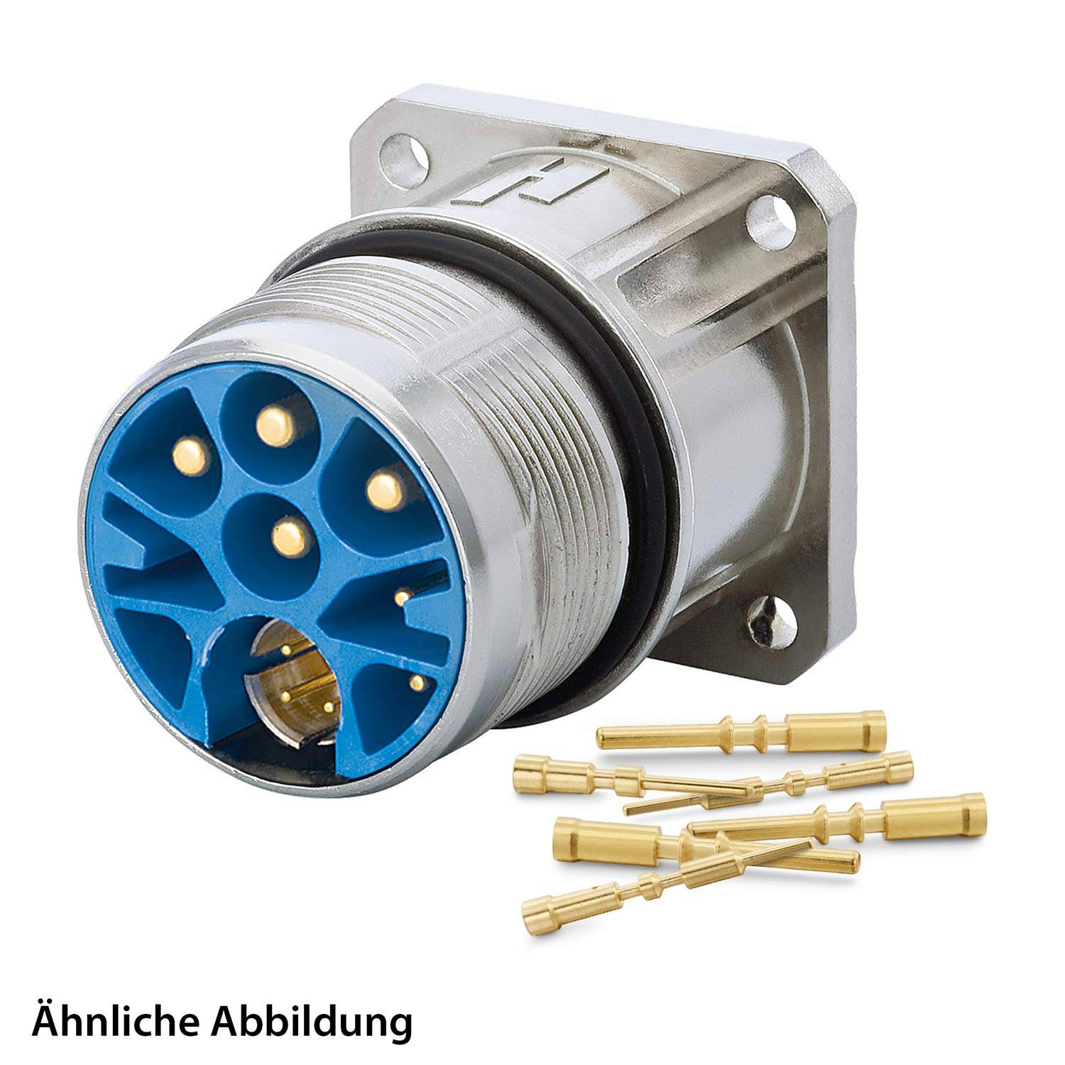 Industrieller Steckverbinder mit mehreren Pins und blauem Gehäuse, mit Metalloberfläche. Enthält mehrere vergoldete Kontakte daneben.