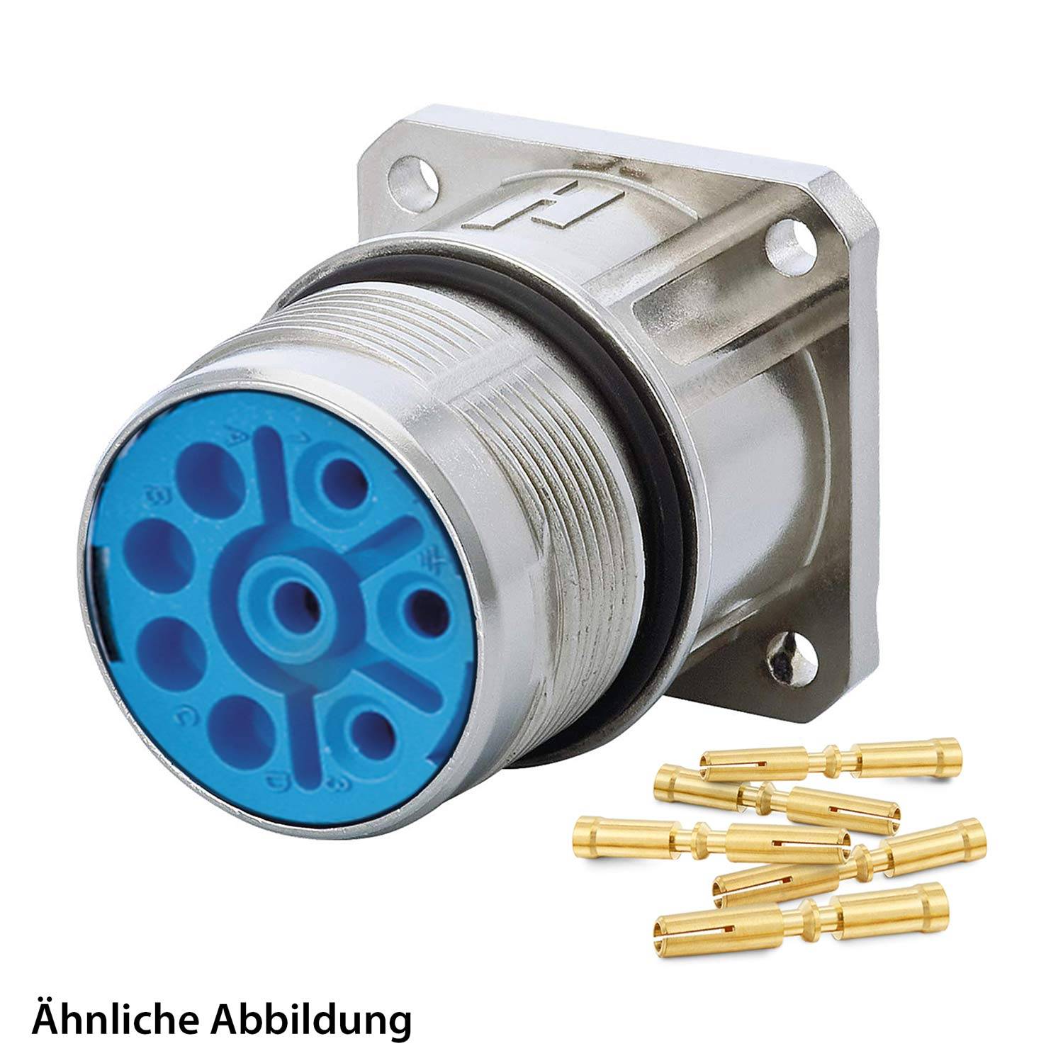 Ein zylindrischer Metall-Elektroanschluss mit einer blauen Frontfläche und mehreren Schlitzen, dargestellt mit einigen separaten vergoldeten Kontaktstiften in der Nähe.