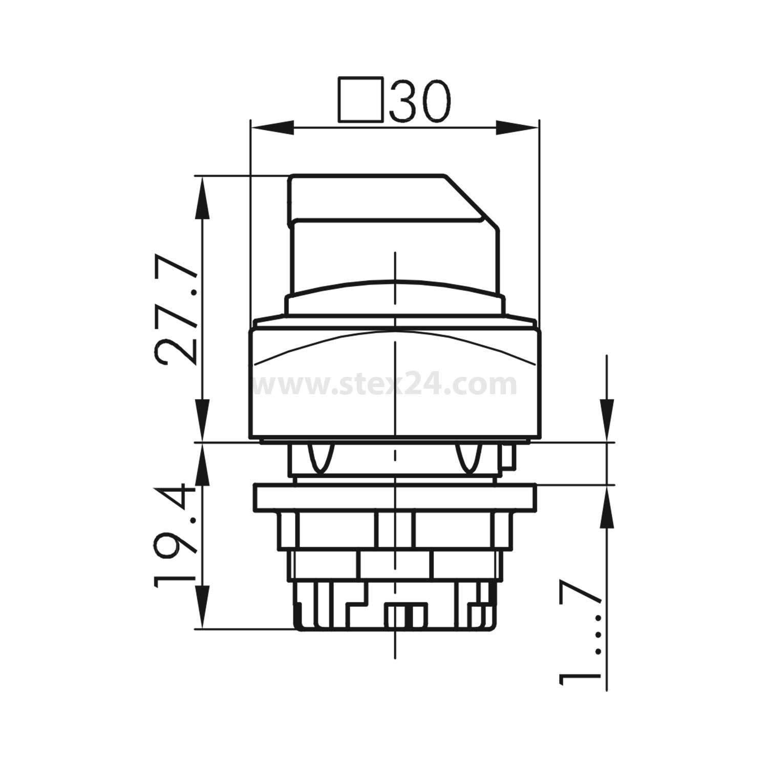 Technische Zeichnung eines Drucktasters. Abmessungen: 30 mm quadratisch, 27,7 mm Höhe, 19,4 mm zusätzliche Bauteilhöhe, 1,7 mm Querschnitt.