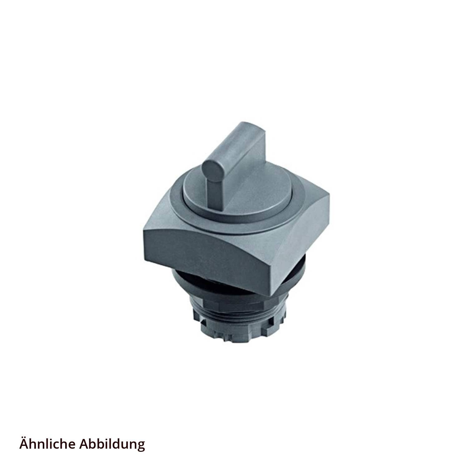 Ein ähnliches Bild zeigt einen grauen, industriellen Drehschalter mit quadratischer Basis und einem hervorstehenden rechteckigen Griff oben.
