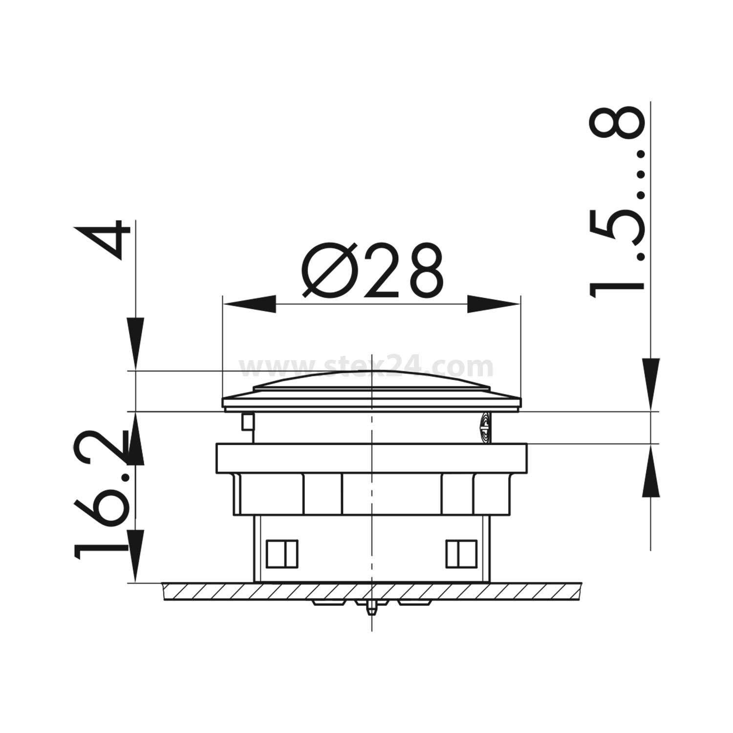 Technische Zeichnung eines kreisförmigen Knopfes mit einem Durchmesser von 28 mm, Seitenansicht mit Abmessungen: Höhe 1,5-8 mm, Tiefe 16,2 mm und Frontplattenstärke von 4 mm.