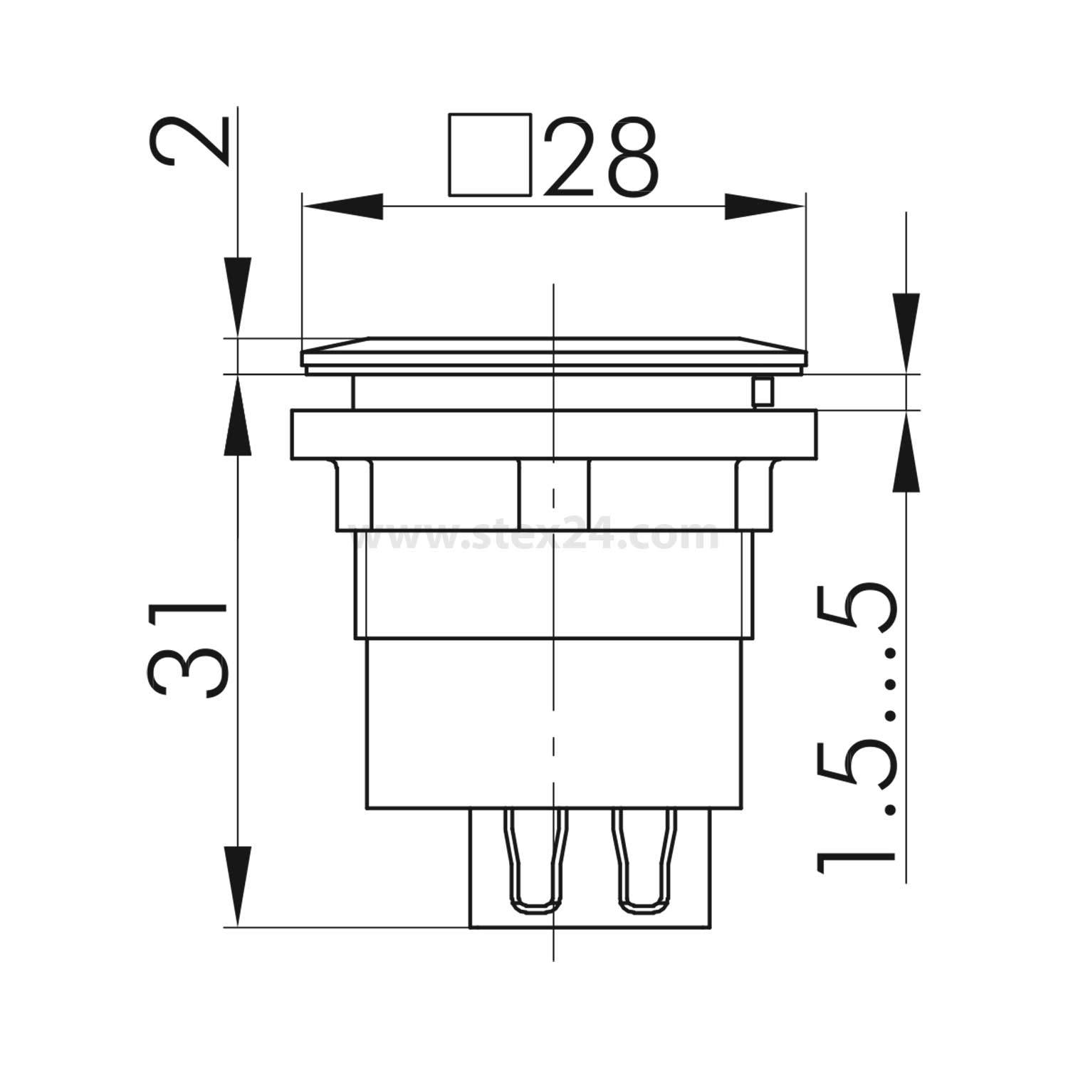 Technische Zeichnung eines kreisförmigen Drucktastenschalters. Maße: 28 mm Breite, 31 mm Höhe und Einbautiefe von 1,5 mm bis 5 mm.