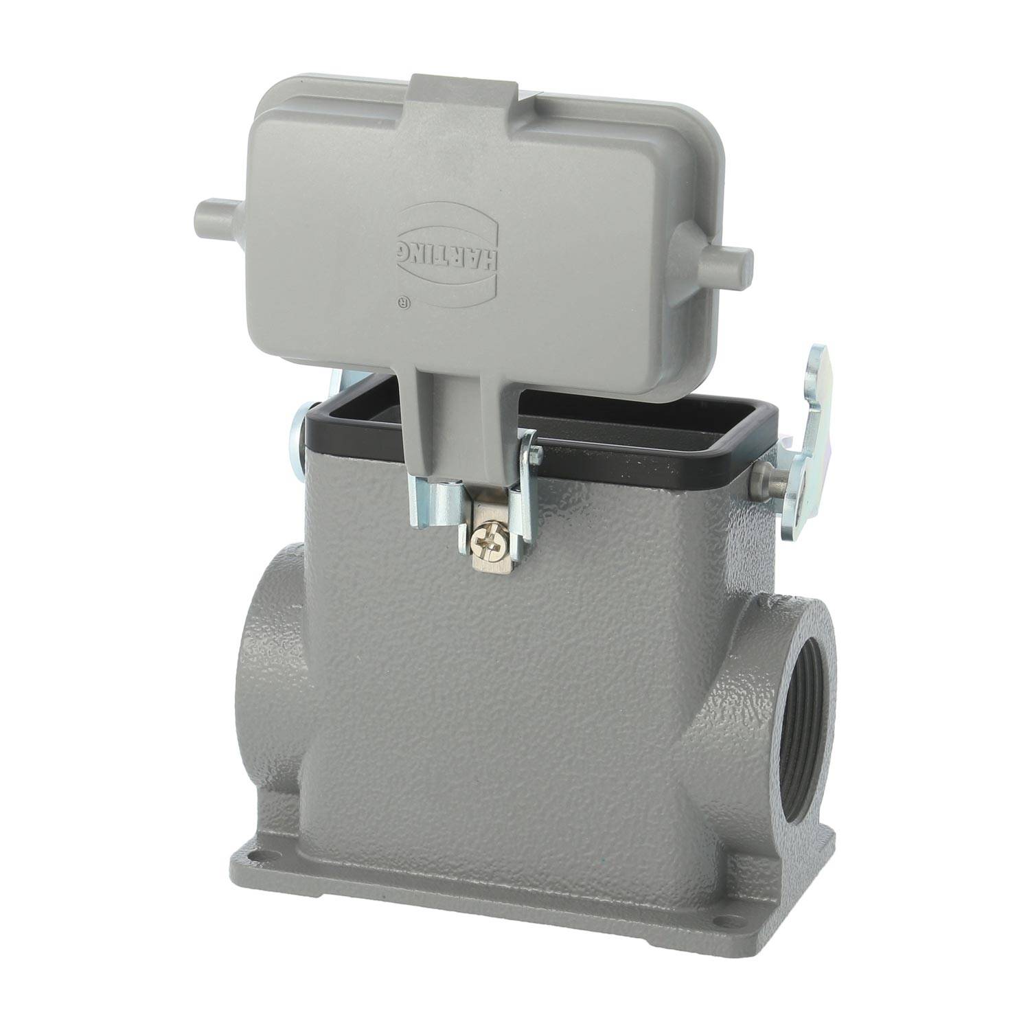 Ein grauer Harting Industriesteckverbinder-Gehäuse mit einer Schutzabdeckung und einem Klemmhebel, verwendet für elektrische Anwendungen.