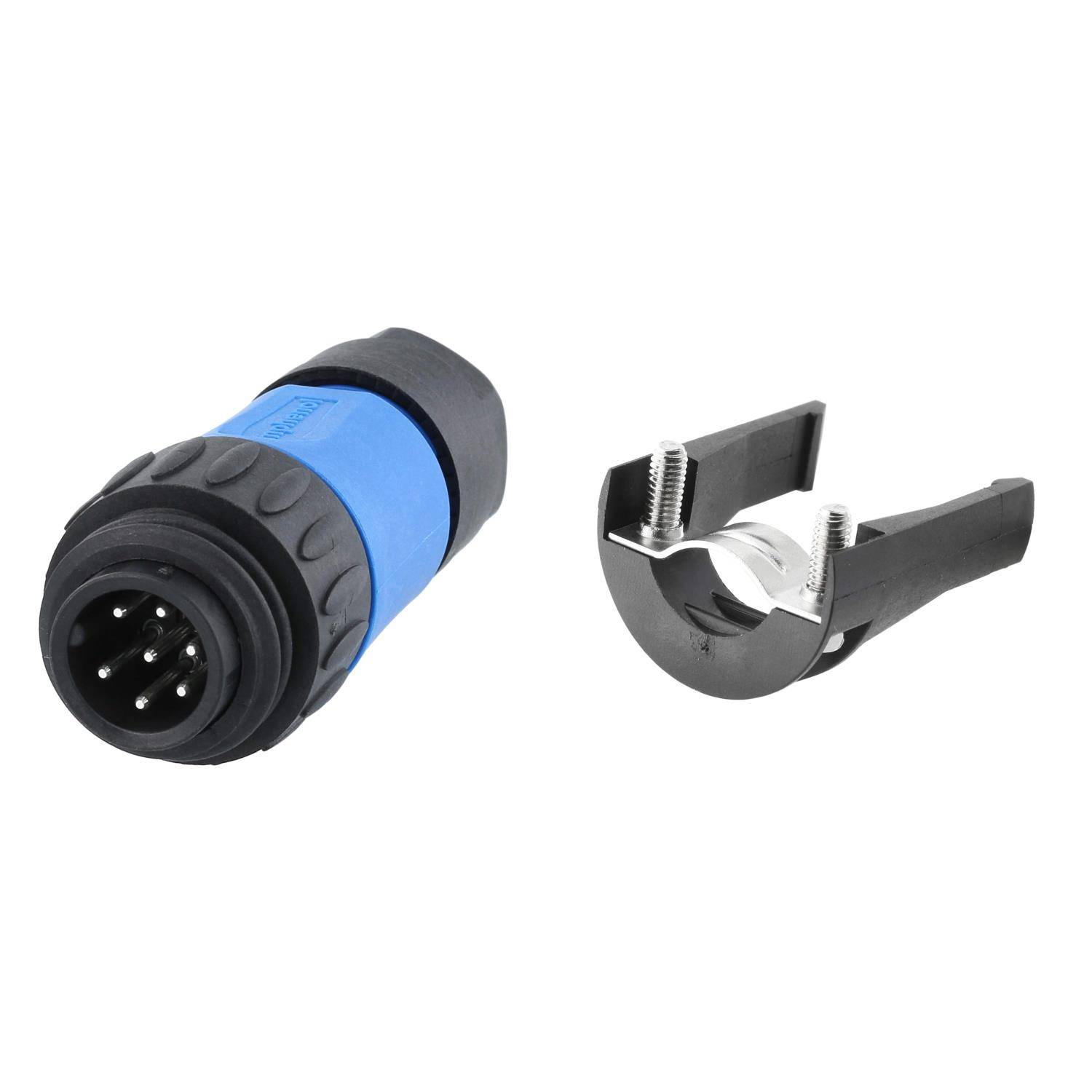 Ein blauer und schwarzer elektrischer Steckverbinder mit fünf Stiften liegt neben einer Metall- und Kunststoff-Kabelbefestigung.