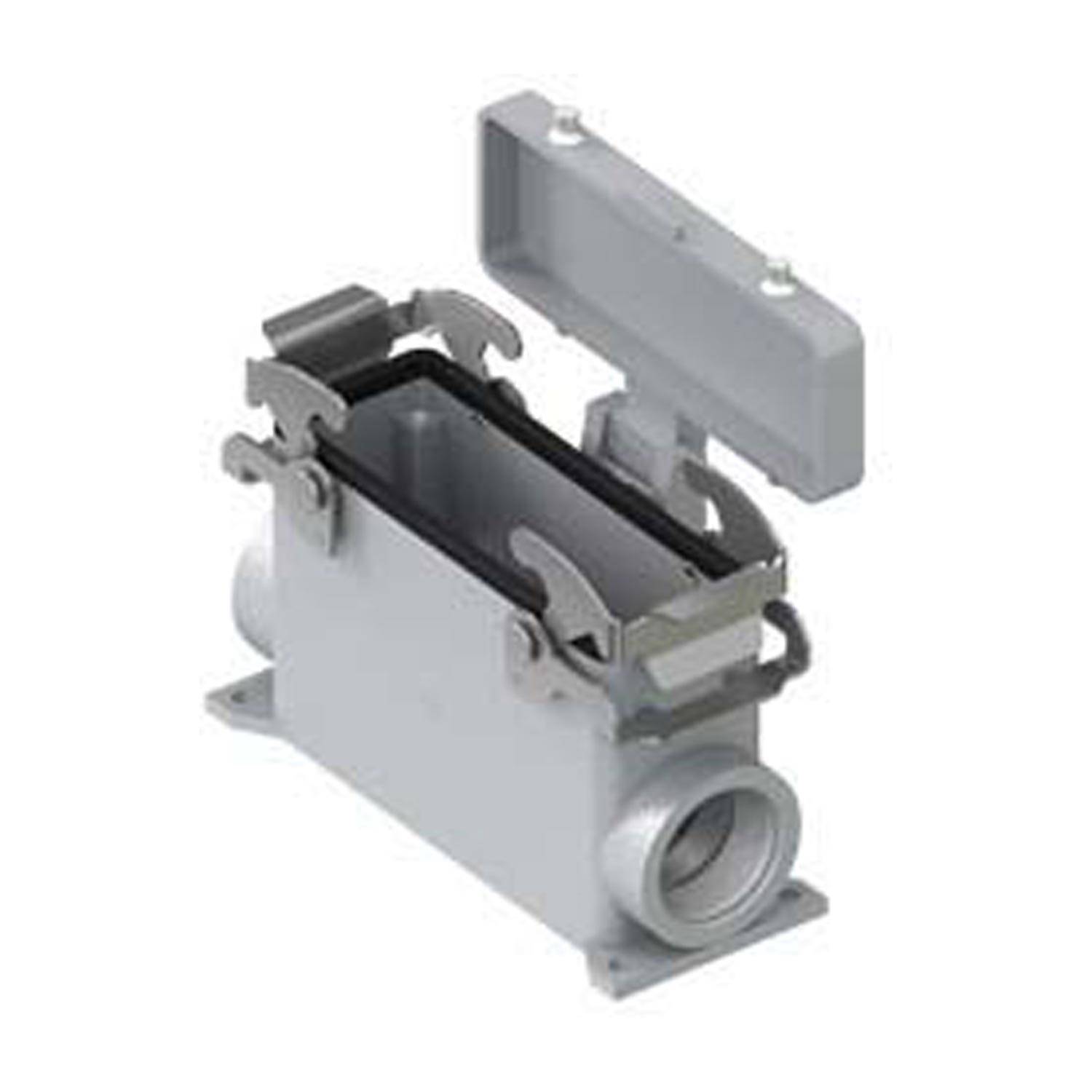 Ein offenes rechteckiges graues elektrisches Anschlussgehäuse mit seitlichen und oberen Öffnungen für Kabelanschlüsse.