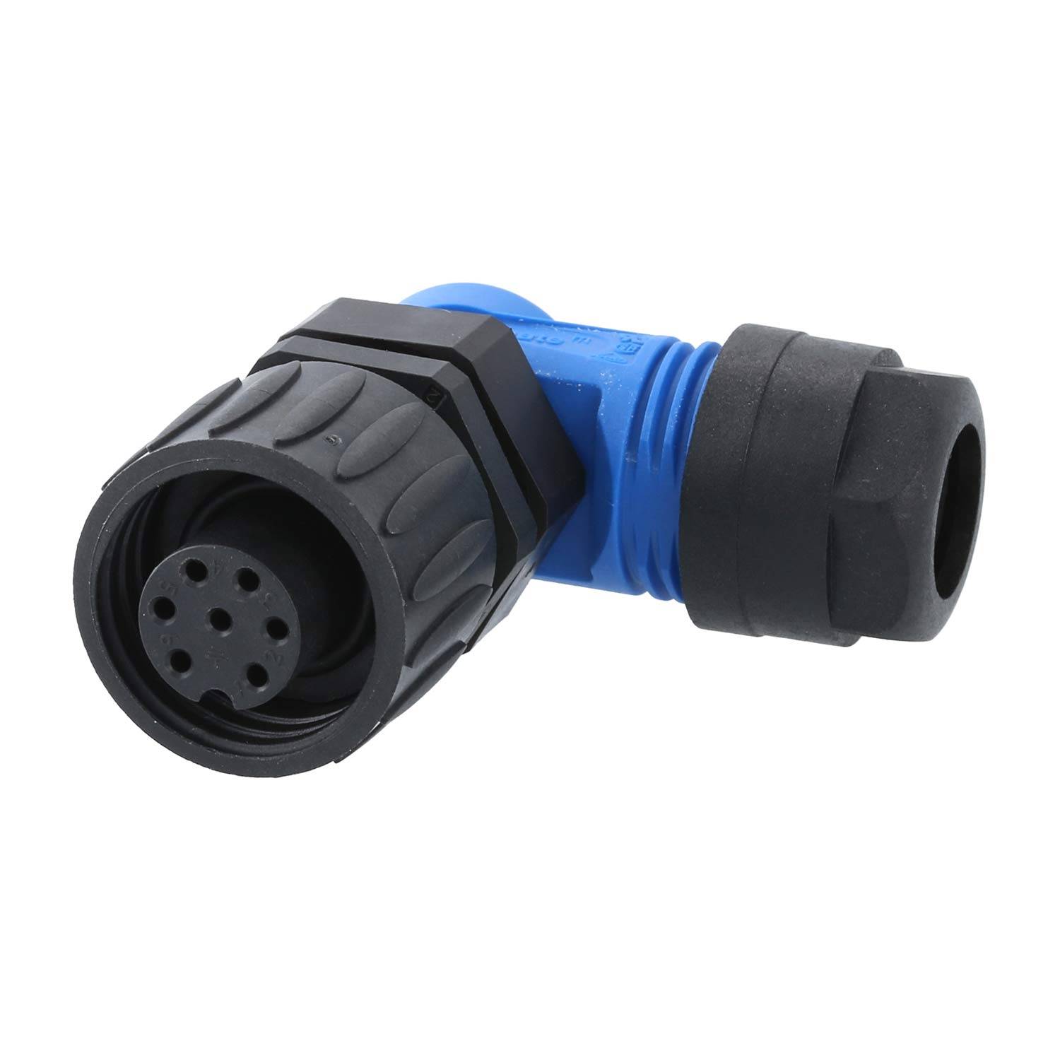 Elektrischer Winkelstecker mit blau-schwarzem Farbschema. Verfügt über einen kreisförmigen Mehrfachanschluss an einem Ende.