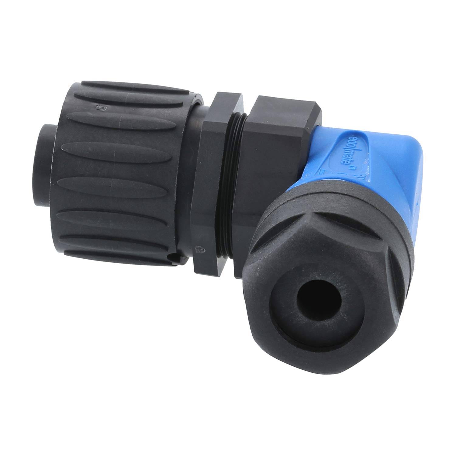 Ein blau-schwarzer Plastik-Rohranschluss mit Winkeldesign, ausgestattet mit gerilltem Griff und Gewinde zum Befestigen von Rohren in Sanitärsystemen.