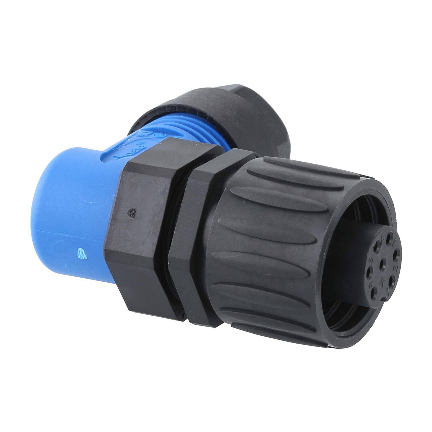Ein schwarzer und blauer Kunststoff-Verbinder, zylindrisch mit einem Gewinde-Ende, konzipiert für sichere Befestigung und elektrische Verbindungen.