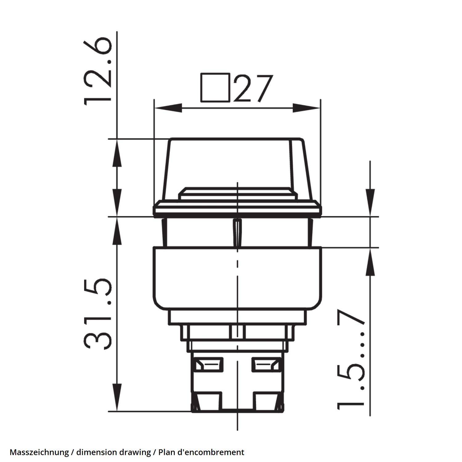 Maßzeichnung eines quadratischen Tasters, 27x27 mm, Höhe 31,5 mm, Kontaktlänge 1,5-7 mm. Beschriftungen auf Deutsch und Französisch.