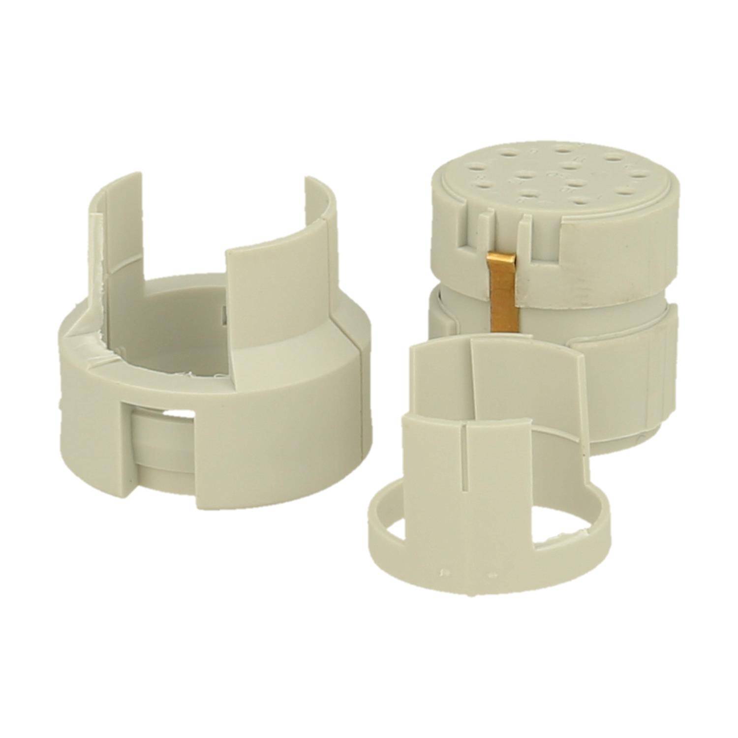 Kunststoff-Leitungskanalbefestigungen in hellem Grau, Einzel- und Zusammenbaustände darstellend; verwendet zur sicheren Verbindung von elektrischen Leitungskanälen.