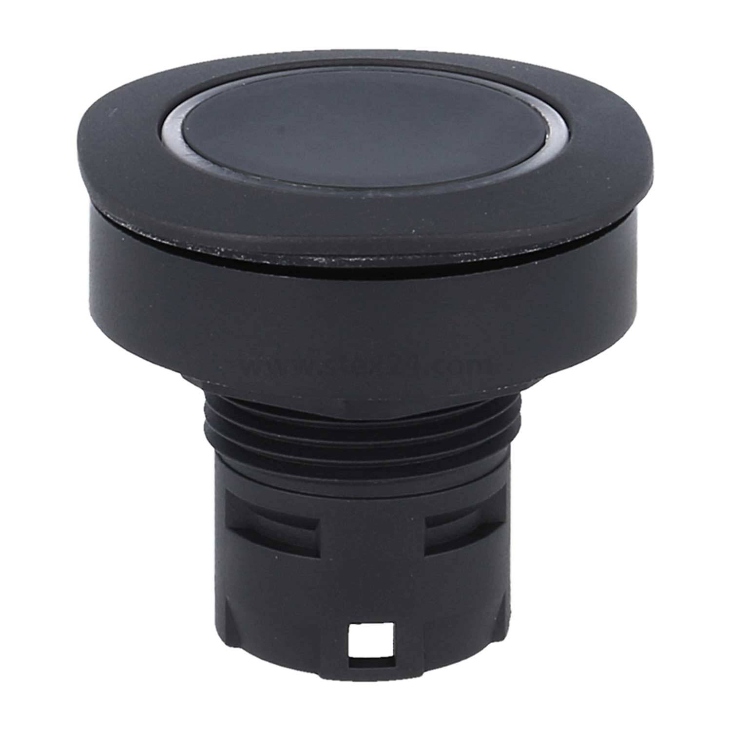 Ein runder, schwarzer Drucktaster-Schalter mit einer flachen Oberfläche und gerilltem unteren Bereich, geeignet für den Einbau in elektronische Geräte.