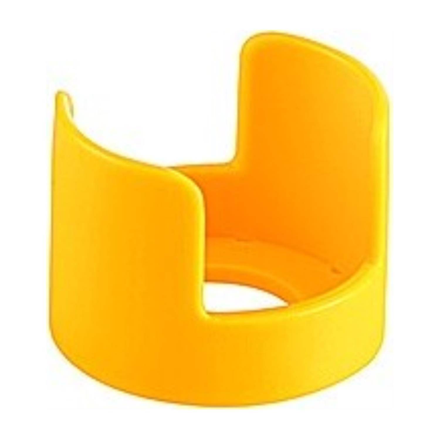 Ein hell gelber Kunststoffring mit teilweisen vertikalen Wänden, der einer Sicherheitsabdeckung oder einem Schutzmantel ähnelt, möglicherweise für ein Werkzeug oder Gerät.