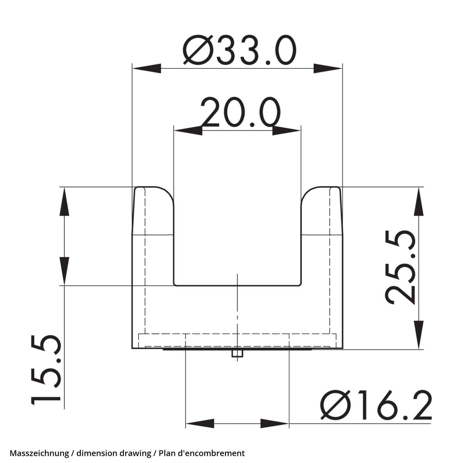 Technische Zeichnung einer Komponente mit Maßen: oberer Durchmesser 33,0, Breite 20,0, Höhe 25,5, Basisdurchmesser 16,2, Basishöhe 15,5.