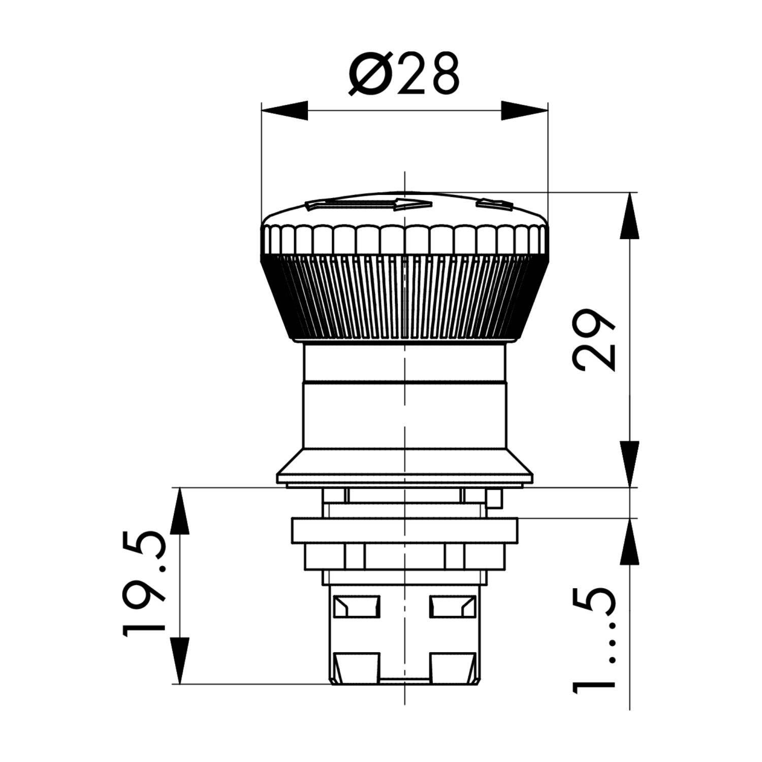 Technische Zeichnung eines Kontrollschalters mit angegebenen Durchmessern und Abmessungen: Ø28mm, Gesamthöhe 29mm, Basishöhe 19,5mm, Schalterweg 1-5mm.